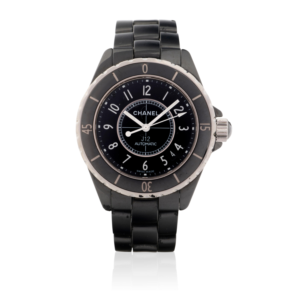 Chanel. A black ceramic and stainless steel automatic calendar bracelet watch