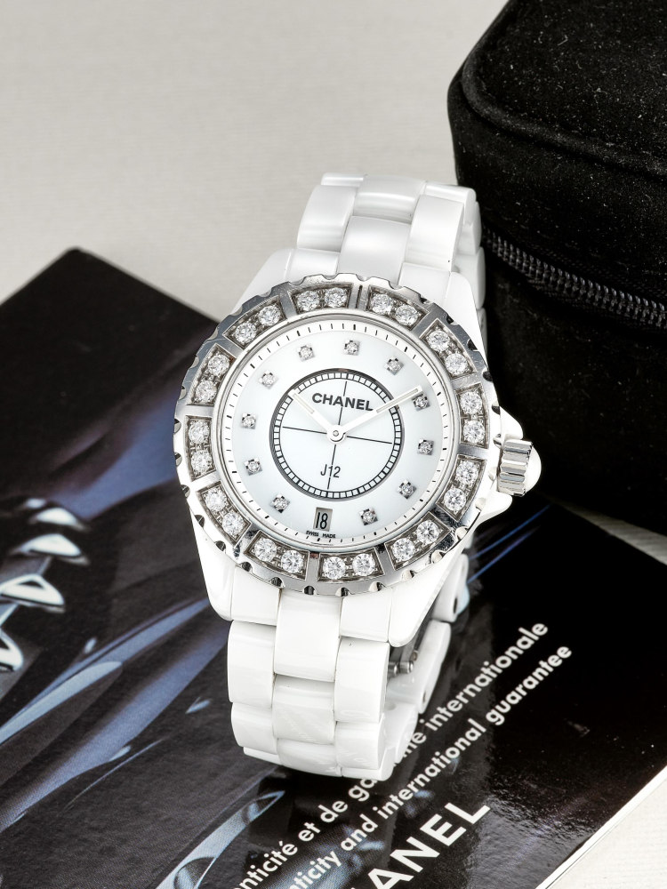CHANEL | J12, A CERAMIC, STAINLESS STEEL AND DIAMOND-SET BRACELET WATCH WITH DATE, CIRCA 2010