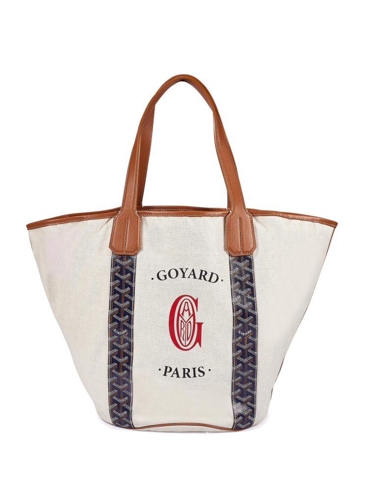 GOYARD: NAVY GOYARDINE CANVAS GOLD LEATHER BELHARRA REVERSIBLE TOTE