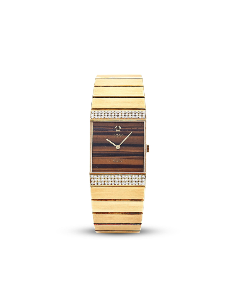 ROLEX | KING MIDAS, REF.4611, A RARE HEAVY YELLOW GOLD DIAMOND-SET BRACELET WATCH WITH TIGER'S EYE DIAL, CIRCA 1975