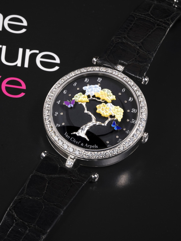VAN CLEEF ARPELS | POETIC COMPLICATIONS, REF.VCARO44100, A WHITE GOLD AND DIAMOND-SET WRISTWATCH WITH MOTHER-OF-PEARL AND ENAMEL DIAL AND RETROGRADE HOURS AND MINUTES, CIRCA 2020