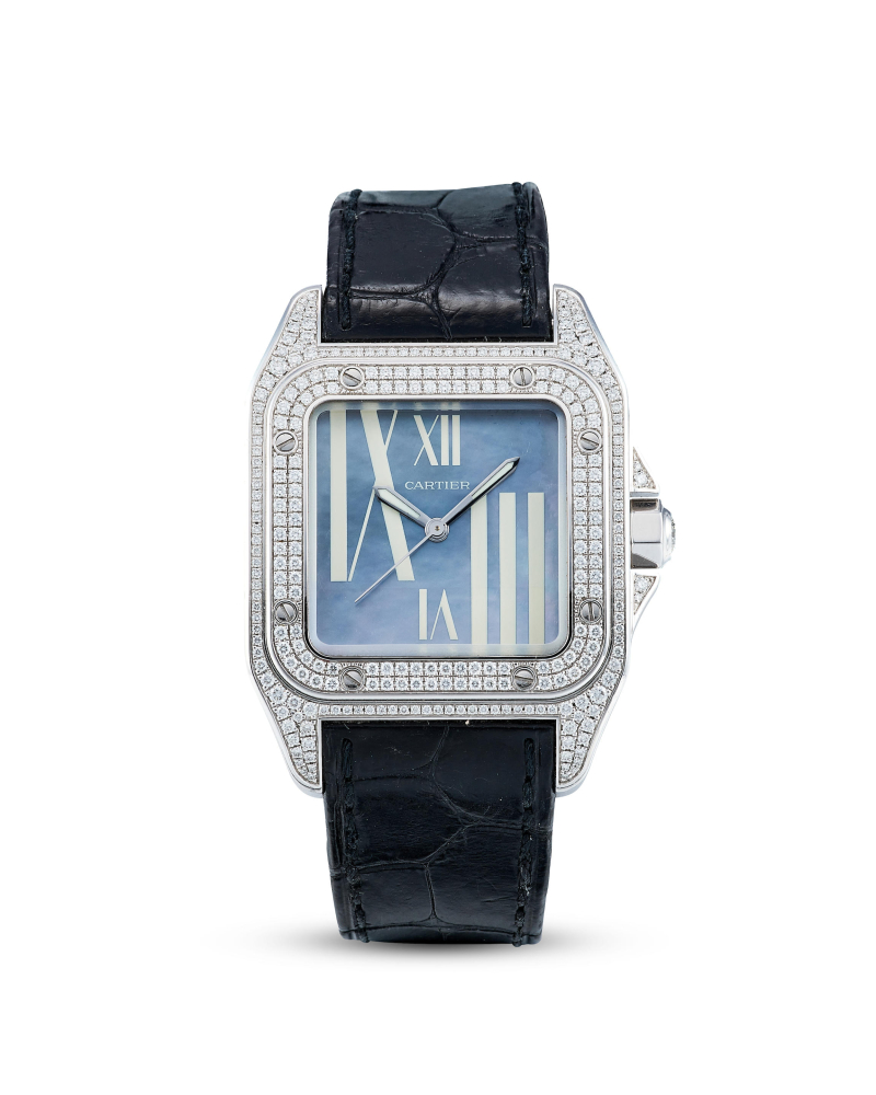 CARTIER | SANTOS 100, REF.2881, A WHITE GOLD AND DIAMOND-SET WRISTWATCH WITH MOTHER-OF-PEARL DIAL, CIRCA 2009