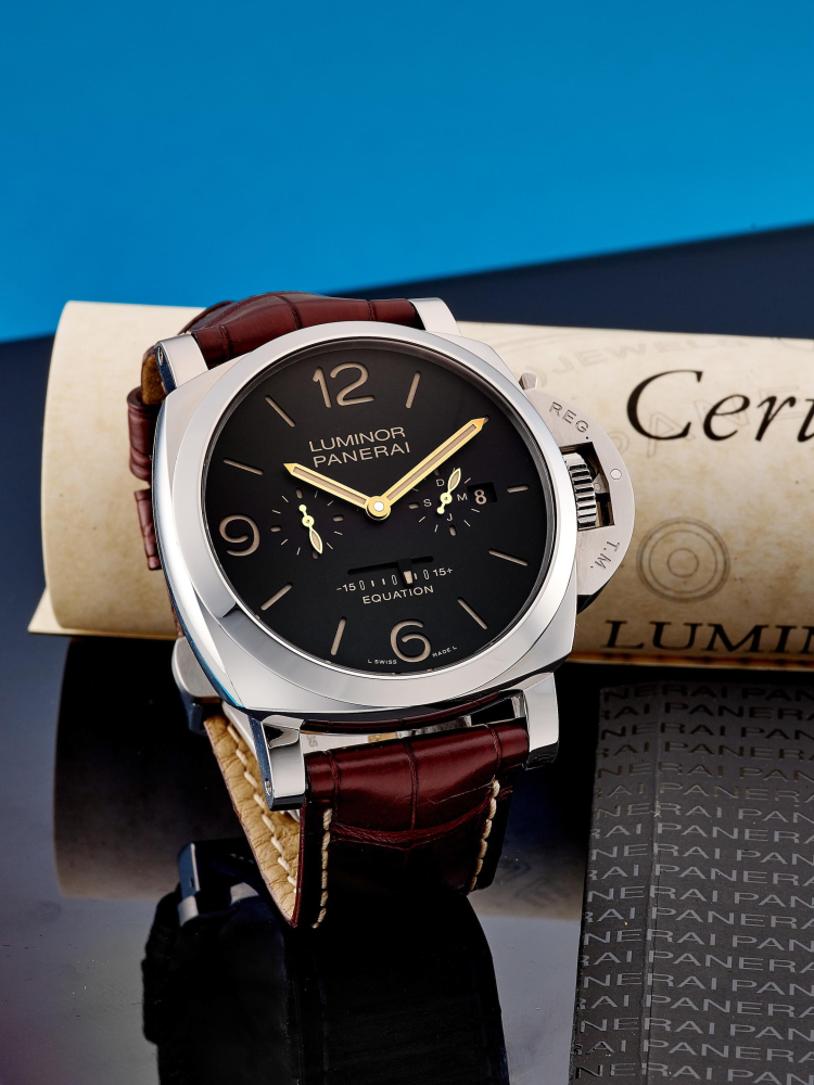 PANERAI | LUMINOR 1950 EQUATION OF TIME 8 DAYS ACCIAIO, REF.PAM00601, A LIMITED EDITION STAINLESS STEEL WRISTWATCH WITH EQUATION OF TIME, POWER RESERVE INDICATOR, MONTH AND DATE, CIRCA 2015