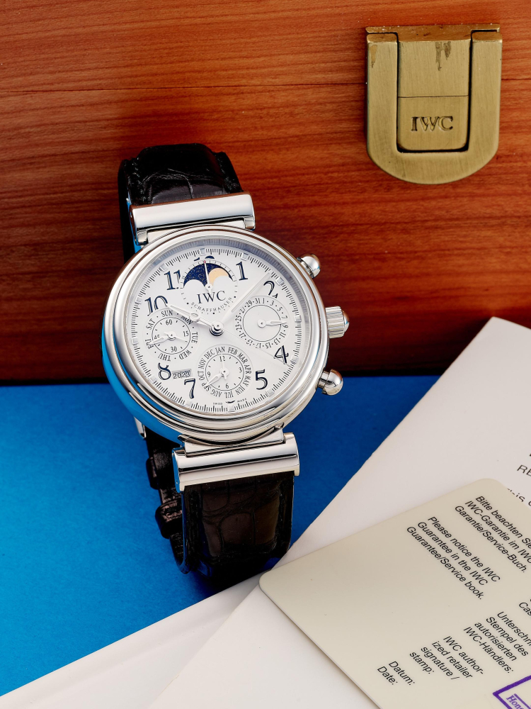 IWC | DA VINCI PERPETUAL CALENDAR, REF.375803, A STAINLESS STEEL PERPETUAL CALENDAR CHRONOGRAPH WRISTWATCH WITH MOON PHASES AND 4-DIGIT YEAR DISPLAYS, CIRCA 2005
