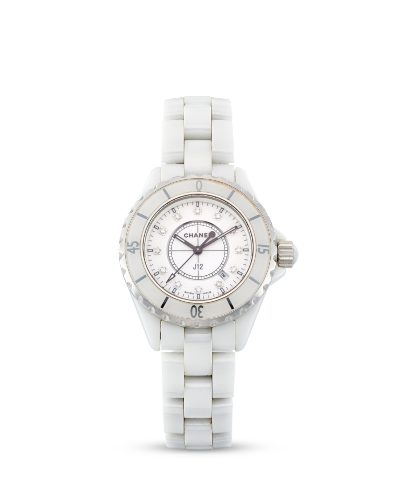CHANEL | J12, A CERAMIC BRACELET WATCH WITH DATE AND DIAMOND-SET INDEXES, CIRCA 2010