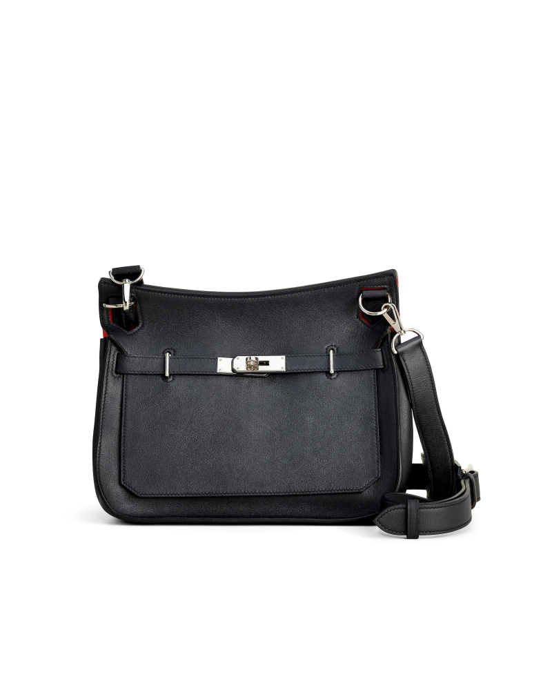 HERMÈS: BLACK AND ORANGE EVERGRAIN JYPSIERE 28 WITH PALLADIUM HARDWARE CROSSBODY BAG