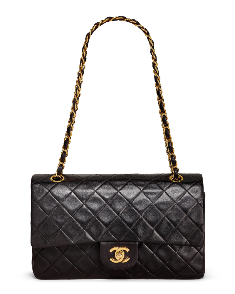 CHANEL: BLACK QUILTED LAMBSKIN VINTAGE DOUBLE FLAP BAG WITH GOLD TONED HARDWARE 1997-1999