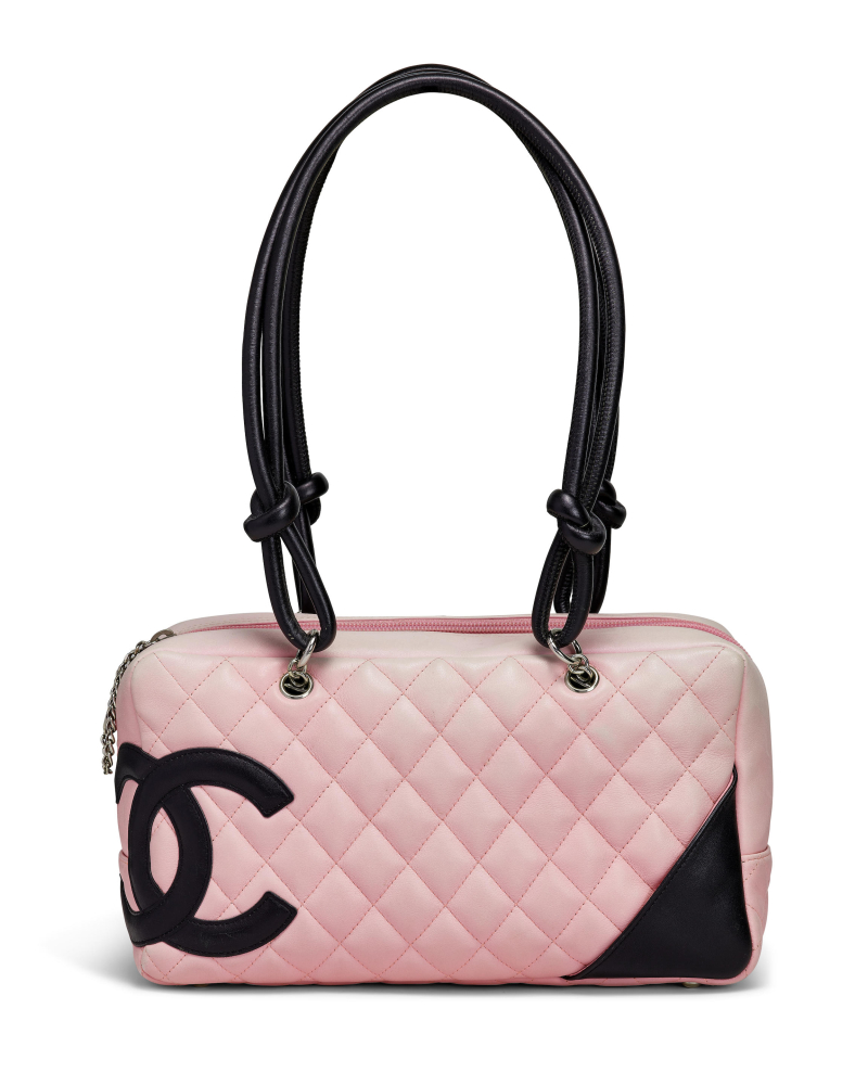 CHANEL: LIGHT PINK AND BLACK QUILTED LAMBSKIN CAMBON LIGNE BAG WITH SILVER TONED HARDWARE 2004-2005