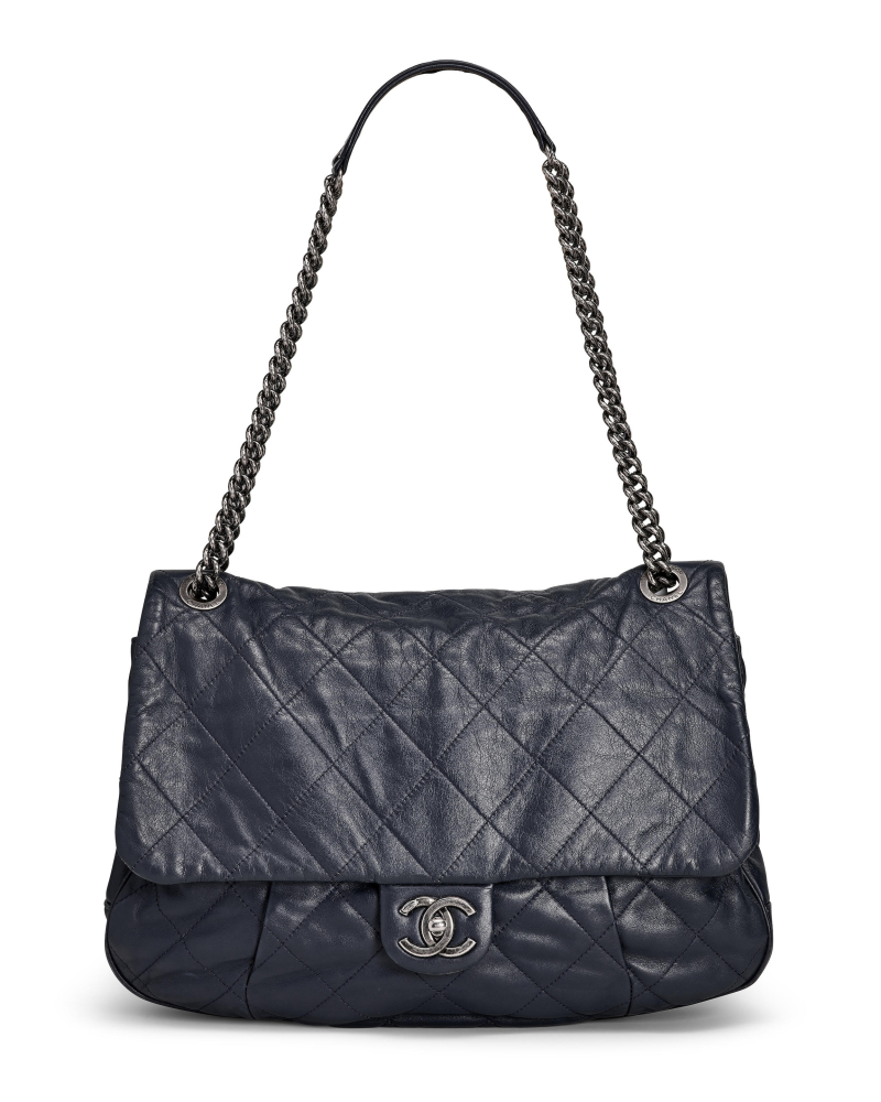 CHANEL: NAVY CALFSKIN QUILTED 31 RUE CAMBON PLEATED FLAP BAG WITH RUTHENIUM HARDWARE 2012