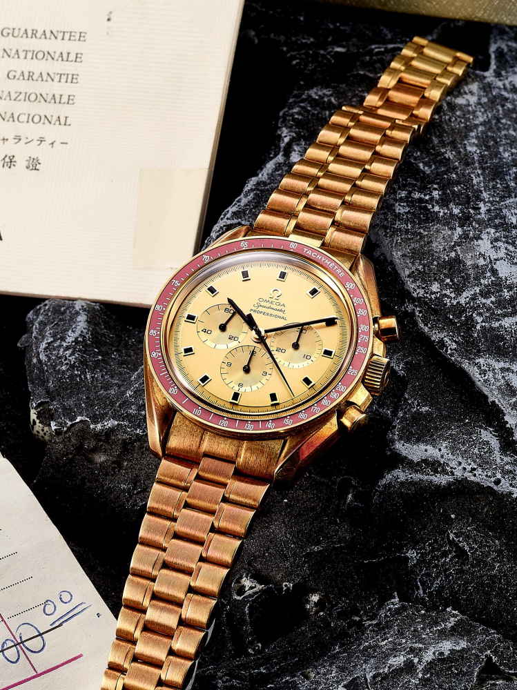 OMEGA | SPEEDMASTER PROFESSIONAL APOLLO XI 1969, REF.BA145.022, A RARE LIMITED EDITION YELLOW GOLD CHRONOGRAPH BRACELET WATCH, MADE TO COMMEMORATE THE "APOLLO XI' MOON LANDING, CIRCA 1971 - COMPLETE WITH ORIGINAL PURCHASE RECEIPT