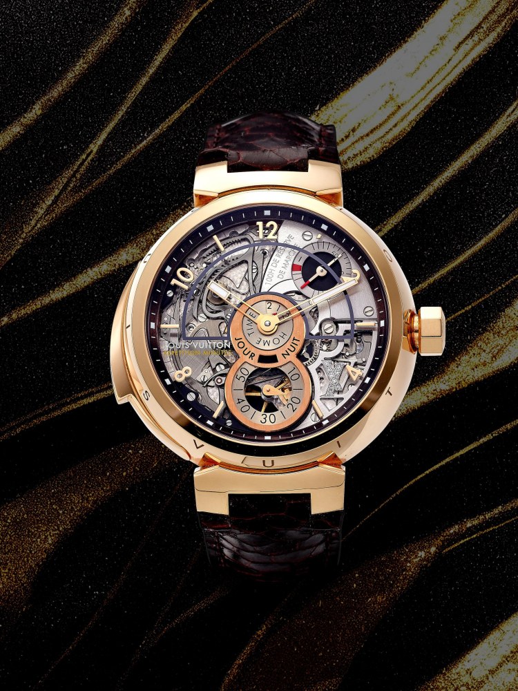 LOUIS VUITTON | TAMBOUR - REPETITION MINUTES, REF.Q1BH30, A SEMI-SKELETONISED PINK GOLD DUAL TIME MINUTE REPEATING WRISTWATCH WITH POWER RESERVE INDICATOR AND DIAMOND-SET LOGO, CIRCA 2016 - FIRST TIME IN AUCTION