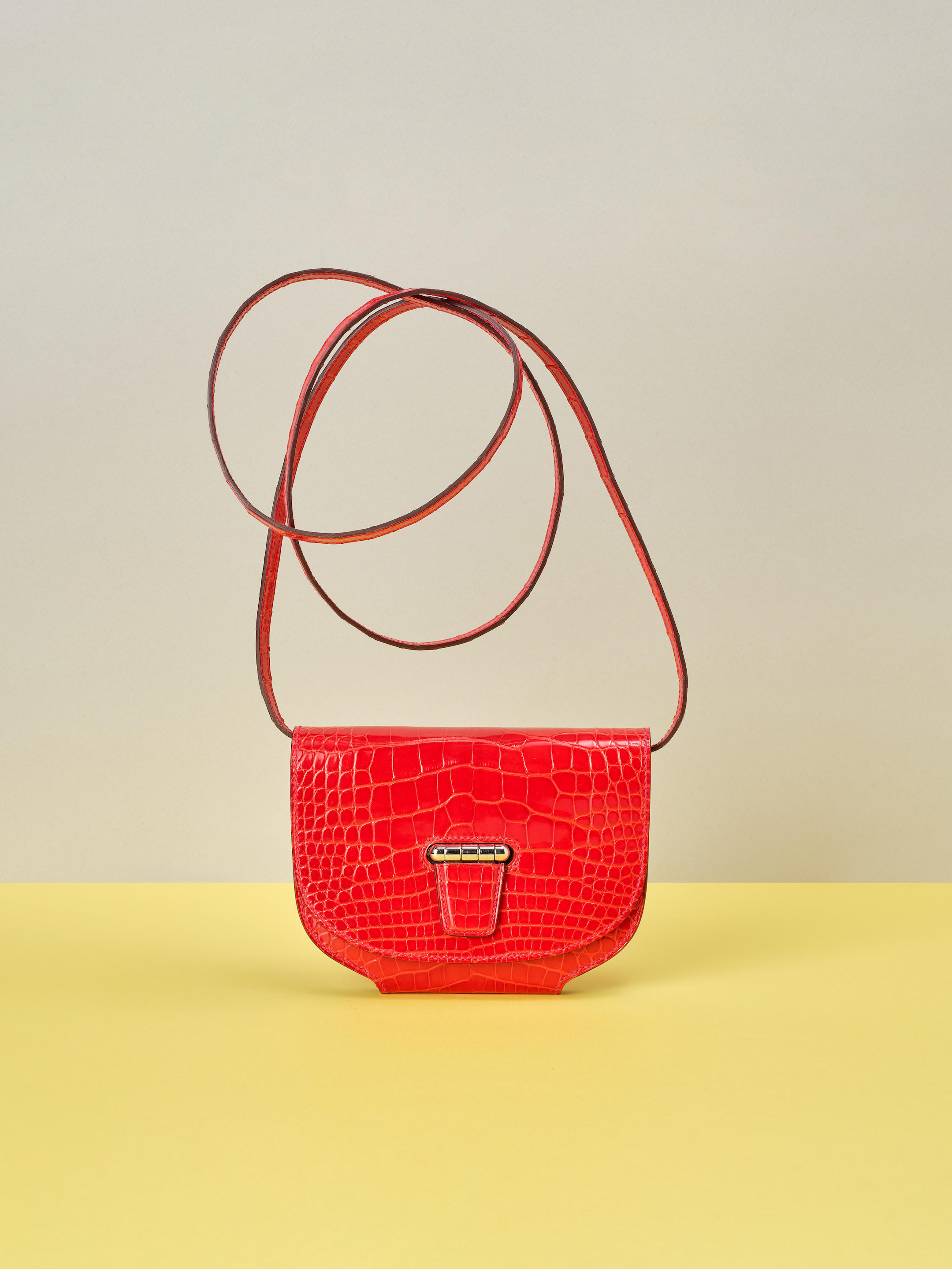 HERMÈS: RED SHINY ALLIGATOR MINI CONVOYEUR WITH PALLADIUM HARDWARE