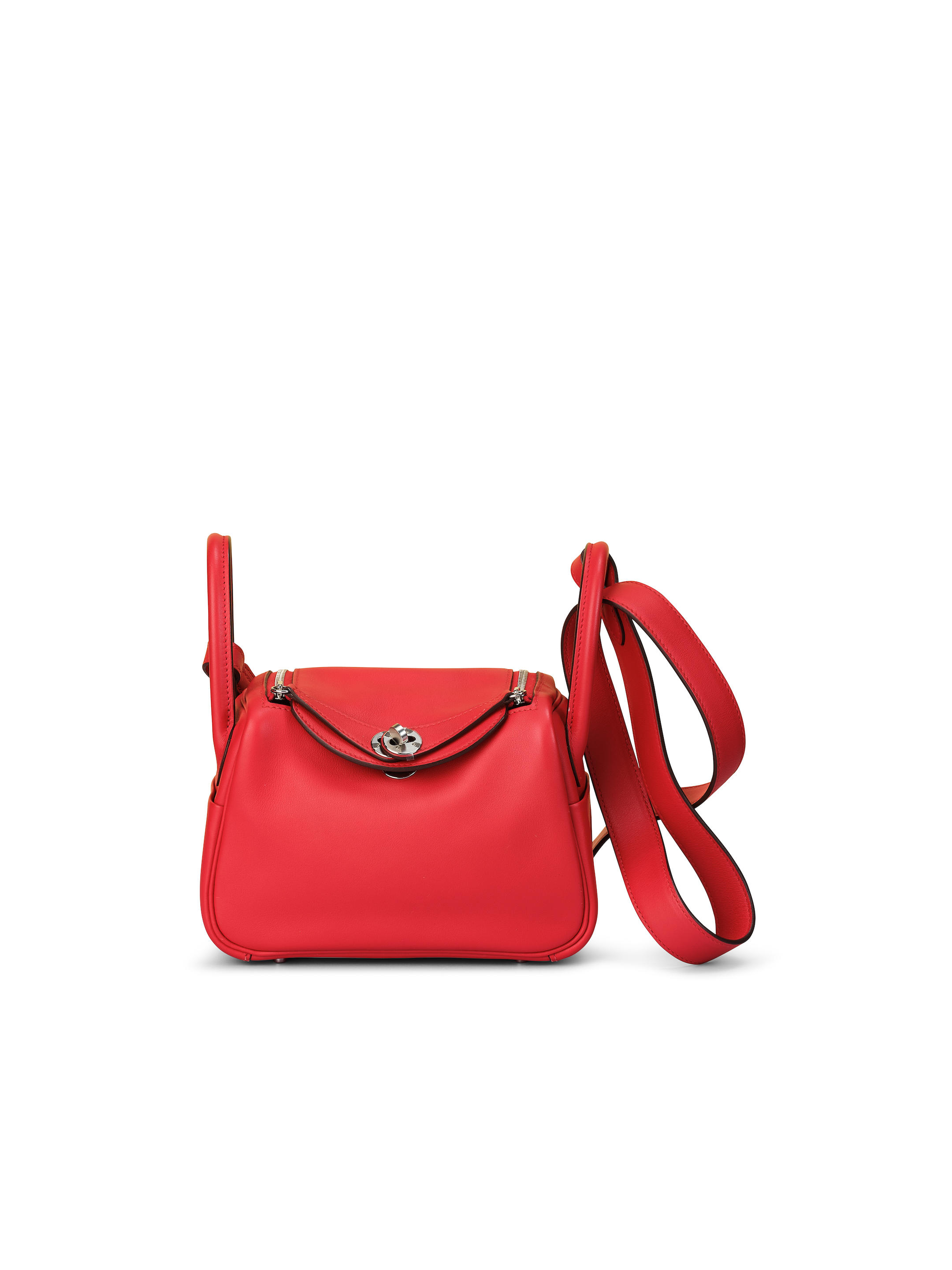 HERMÈS: ROUGE CASAQUE SWIFT MINI LINDY WITH PALLADIUM HARDWARE 2021