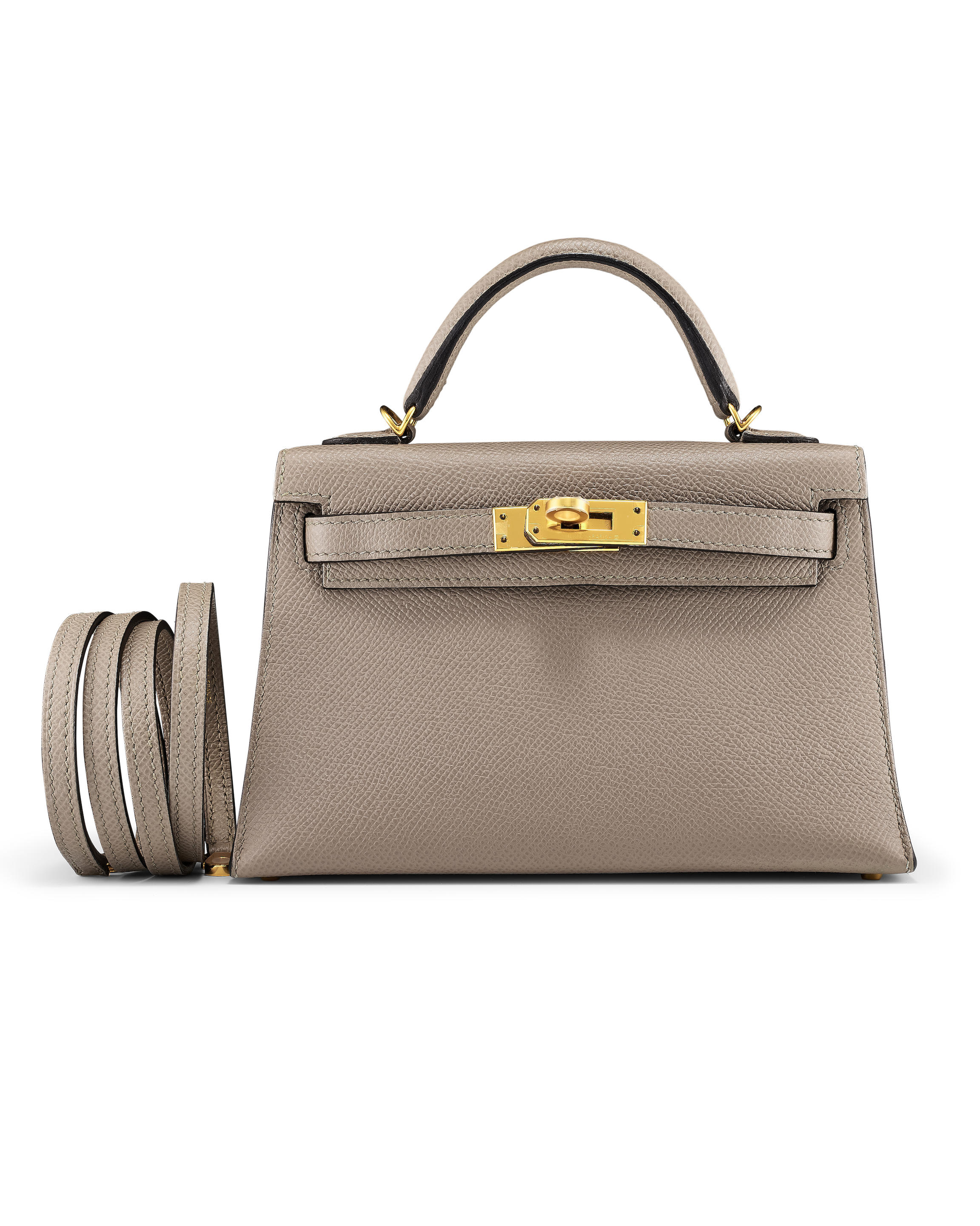 HERMÈS: GRIS ASPHALTE EPSOM MINI KELLY WITH GOLD HARDWARE 2017