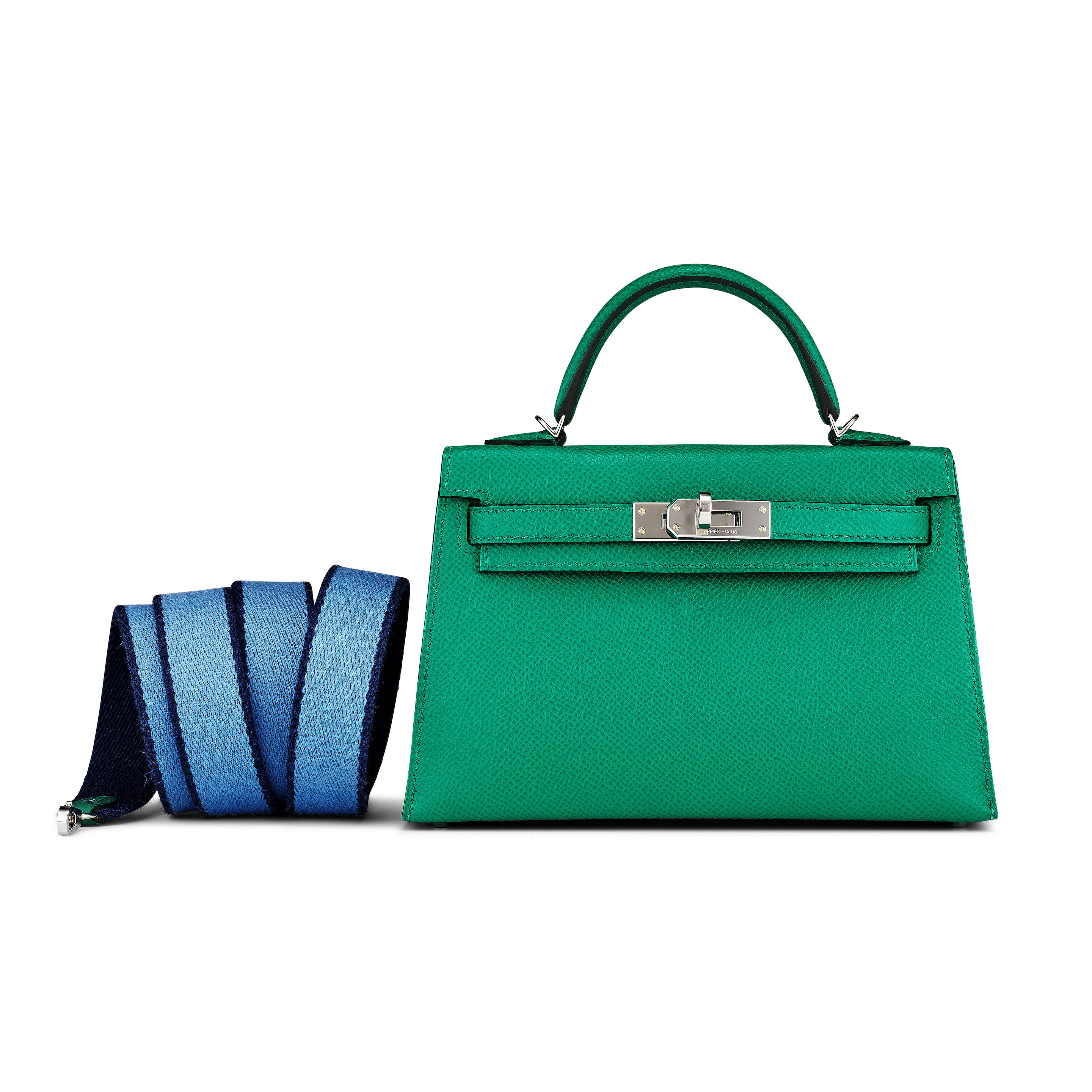 HERMÈS: VERT JADE EPSOM MINI KELLY II WITH PALLADIUM HARDWARE AND BLEU PARADISE CANVAS STRAP 2022