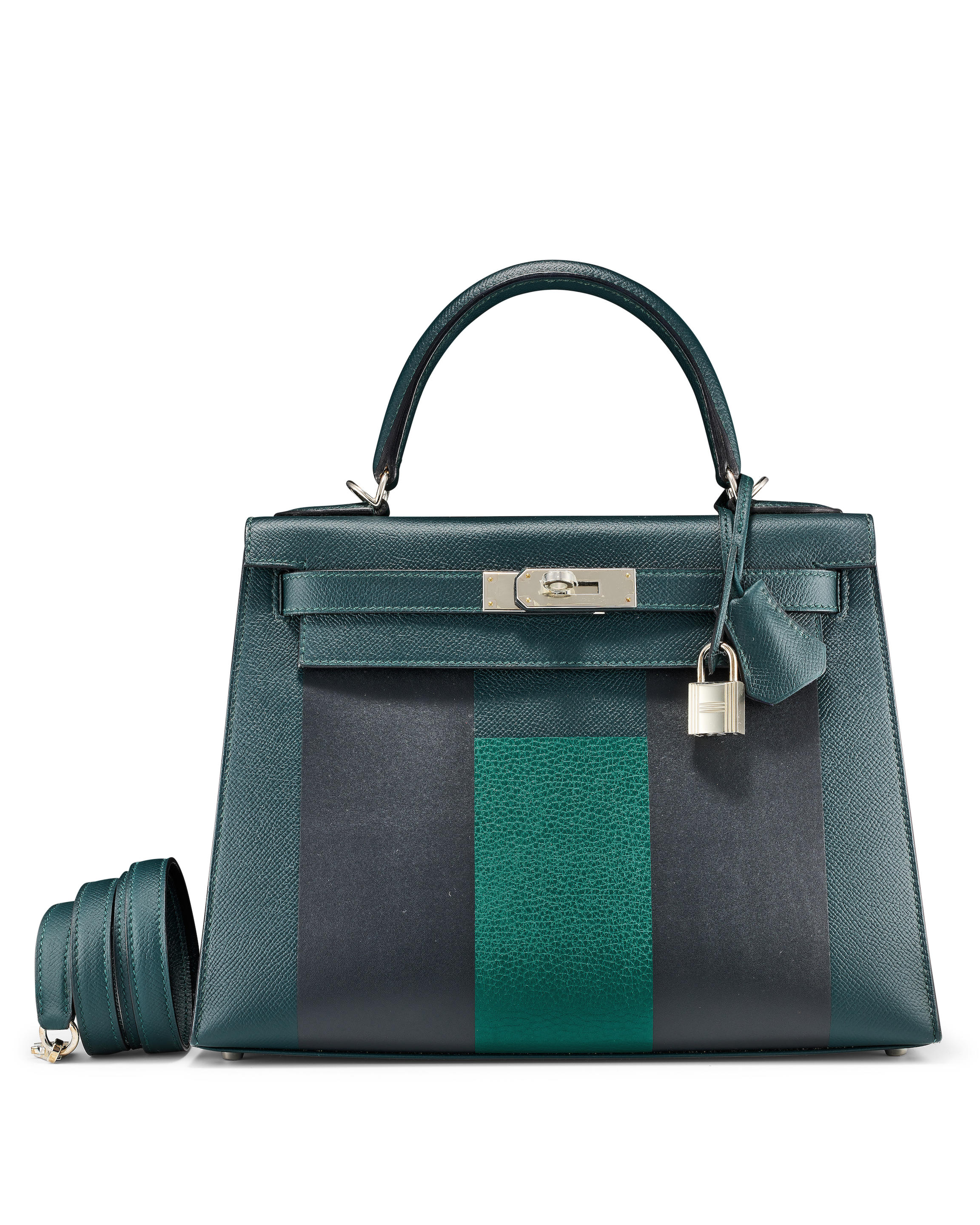 HERMÈS: LIMITED EDITION VERT CYPRÈS EPSOM, BLEU OBSCUR SOMBRERO, MALACHITE CLEMENCE LETTRE H KELLYGRAPHIE KELLY 28 WITH PALLADIUM HARDWARE 2018