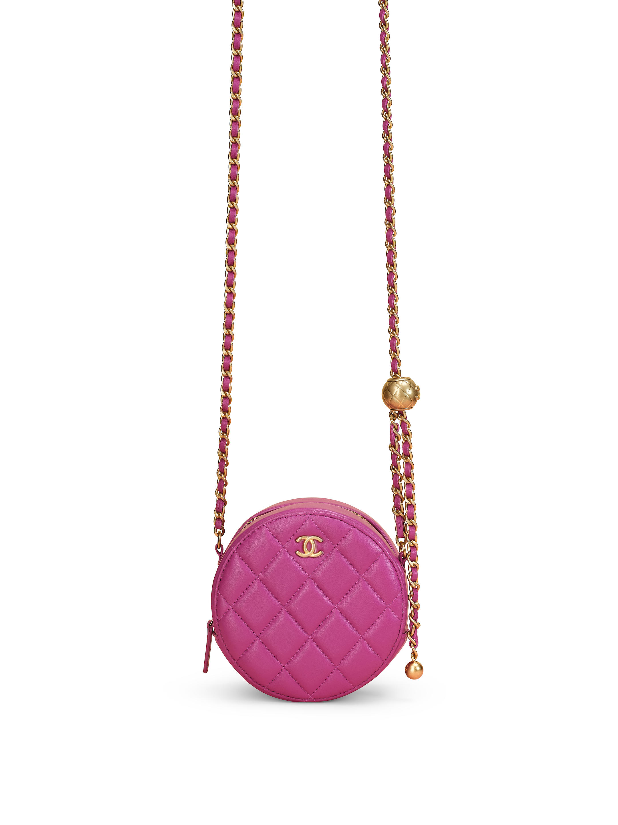 CHANEL: PURPLE QUITLED LAMBSKIN ROUND CHAIN BAG WITH AGED GOLD TONED HARDWARE 2020