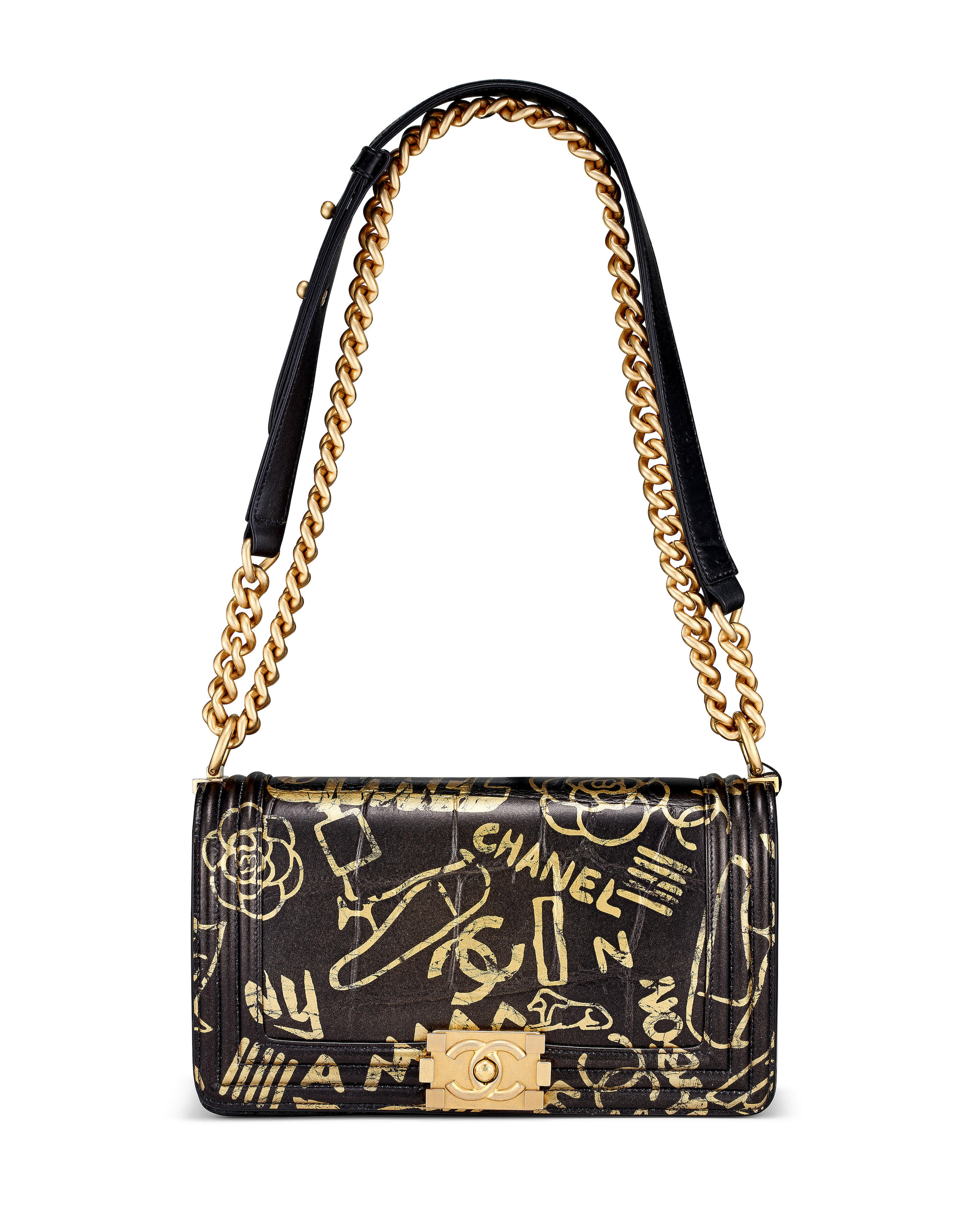 CHANEL: BLACK AND GOLD CALFSKIN GRAFFITI CROCODILE EMBOSSED BOY FLAP BAG WITH GOLD TONED HARDWARE 2019
