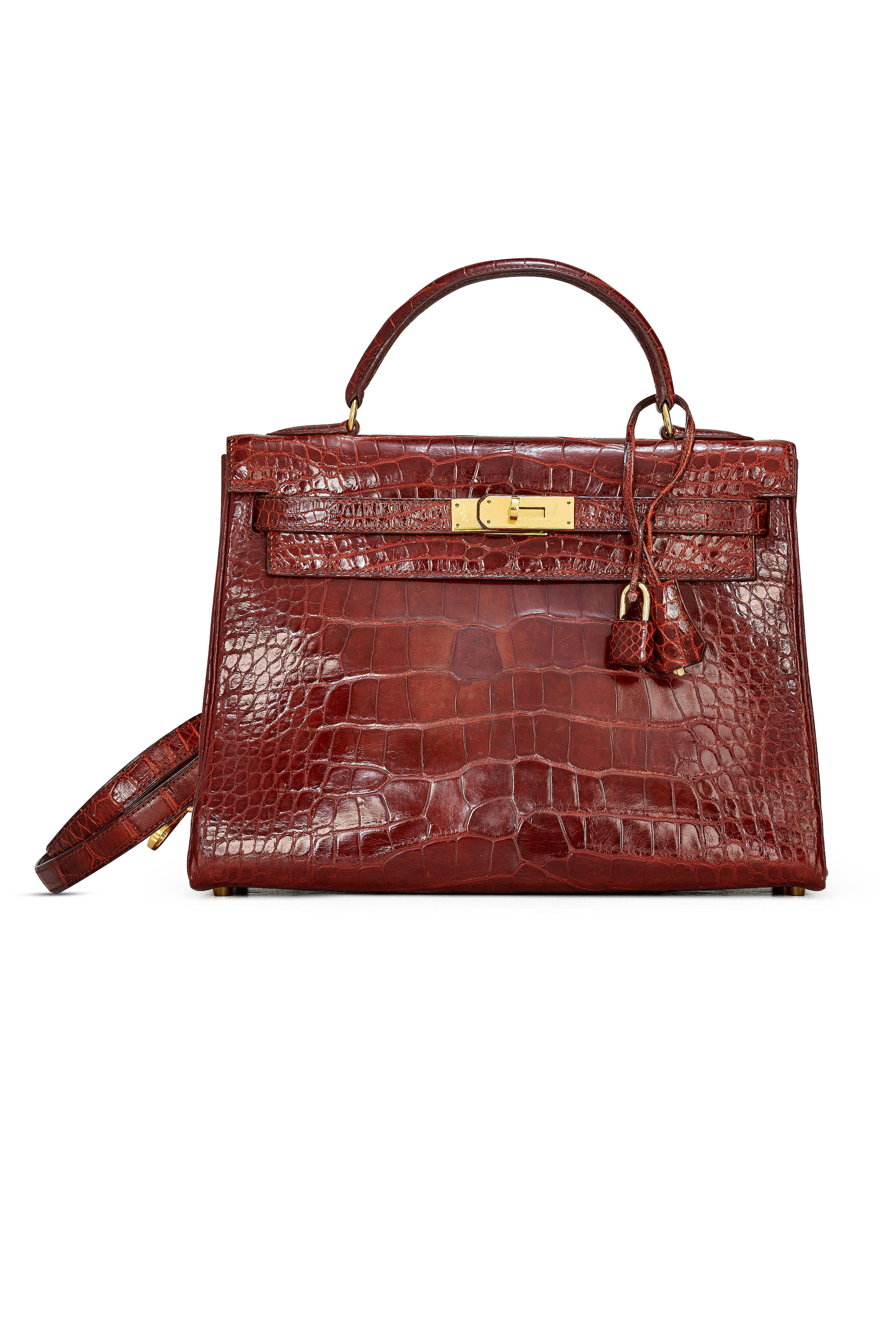 HERMÈS: MIEL SHINY ALLIGATOR KELLY 32 WITH GOLD HARDWARE