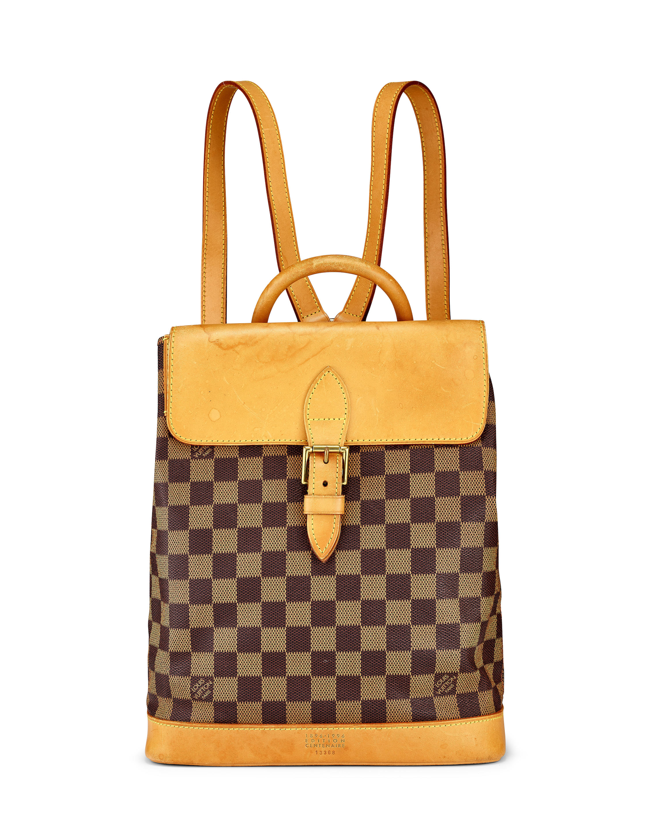 LOUIS VUITTON: A LIMITED EDITION BROWN AND BEIGE DAMIER CALFSKIN ARLEQUIN SOHO CENTENAIRE BACKPACK WITH GOLD TONED HARDWARE