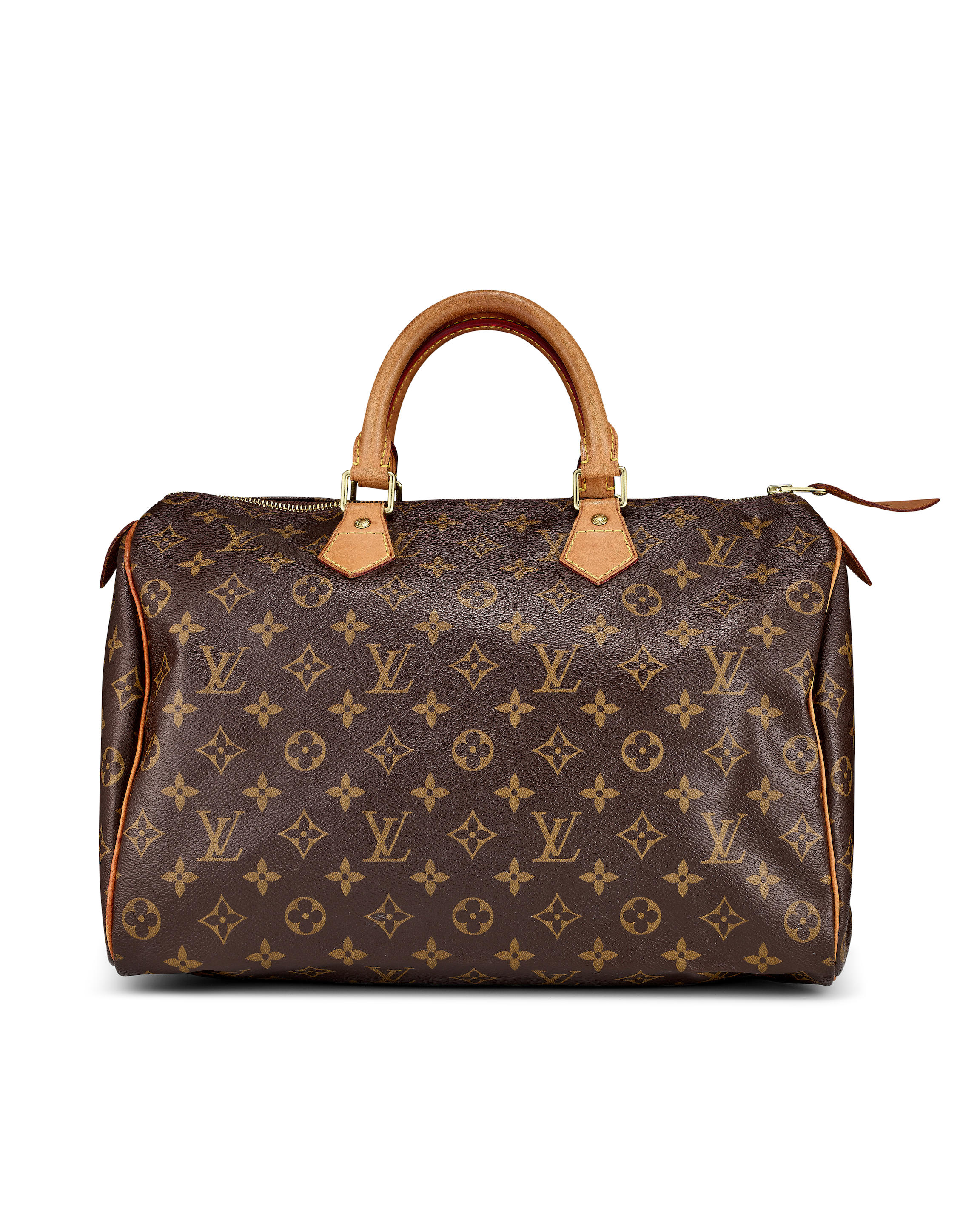 LOUIS VUITTON: BROWN CANVAS MONOGRM SPEEDY BAG 35 WITH GOLD TONED HARDWARE