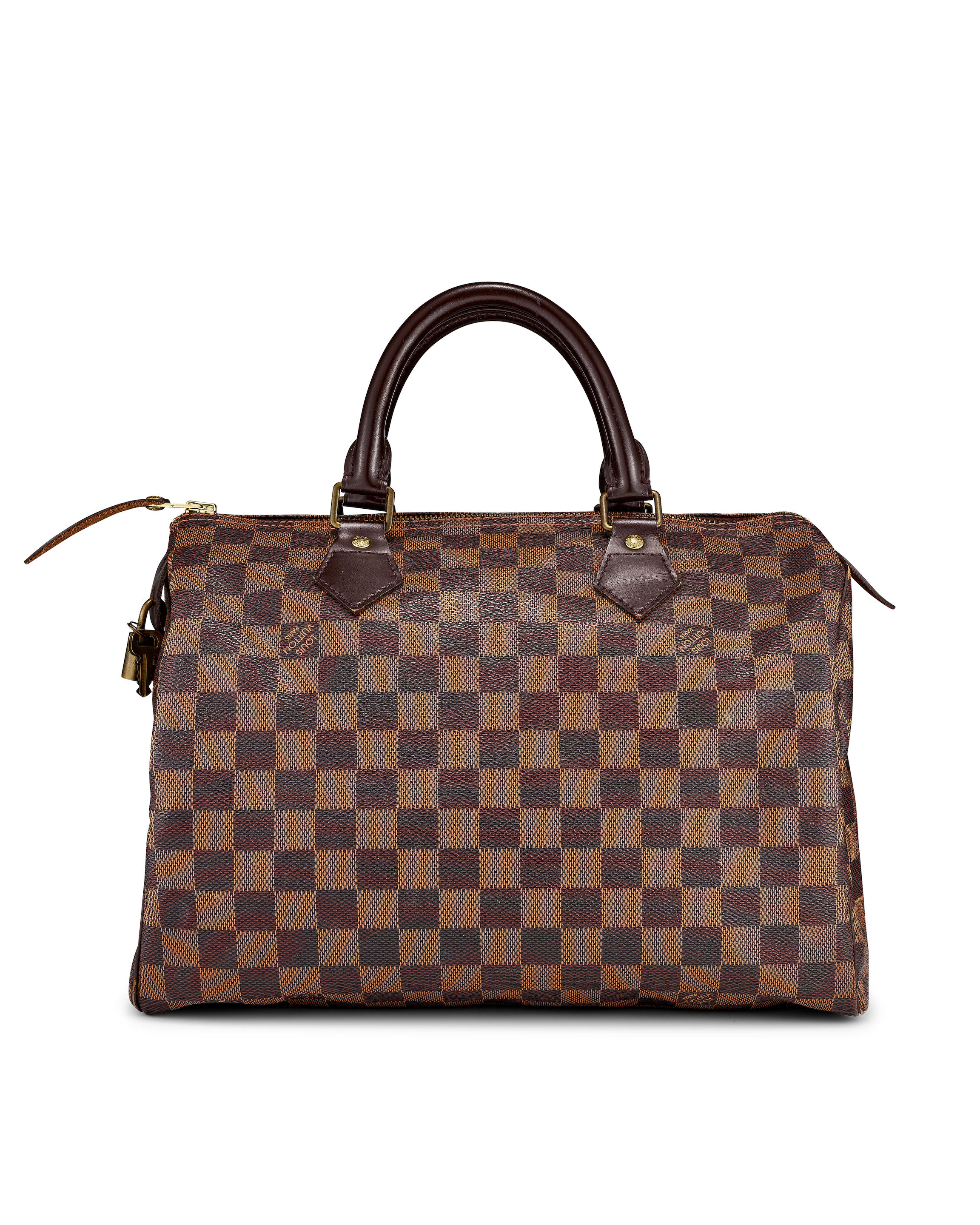 LOUIS VUITTON: BROWN DAMIER EBENE SPEEDY BAG 30 WITH GOLD TONED HARDWARE