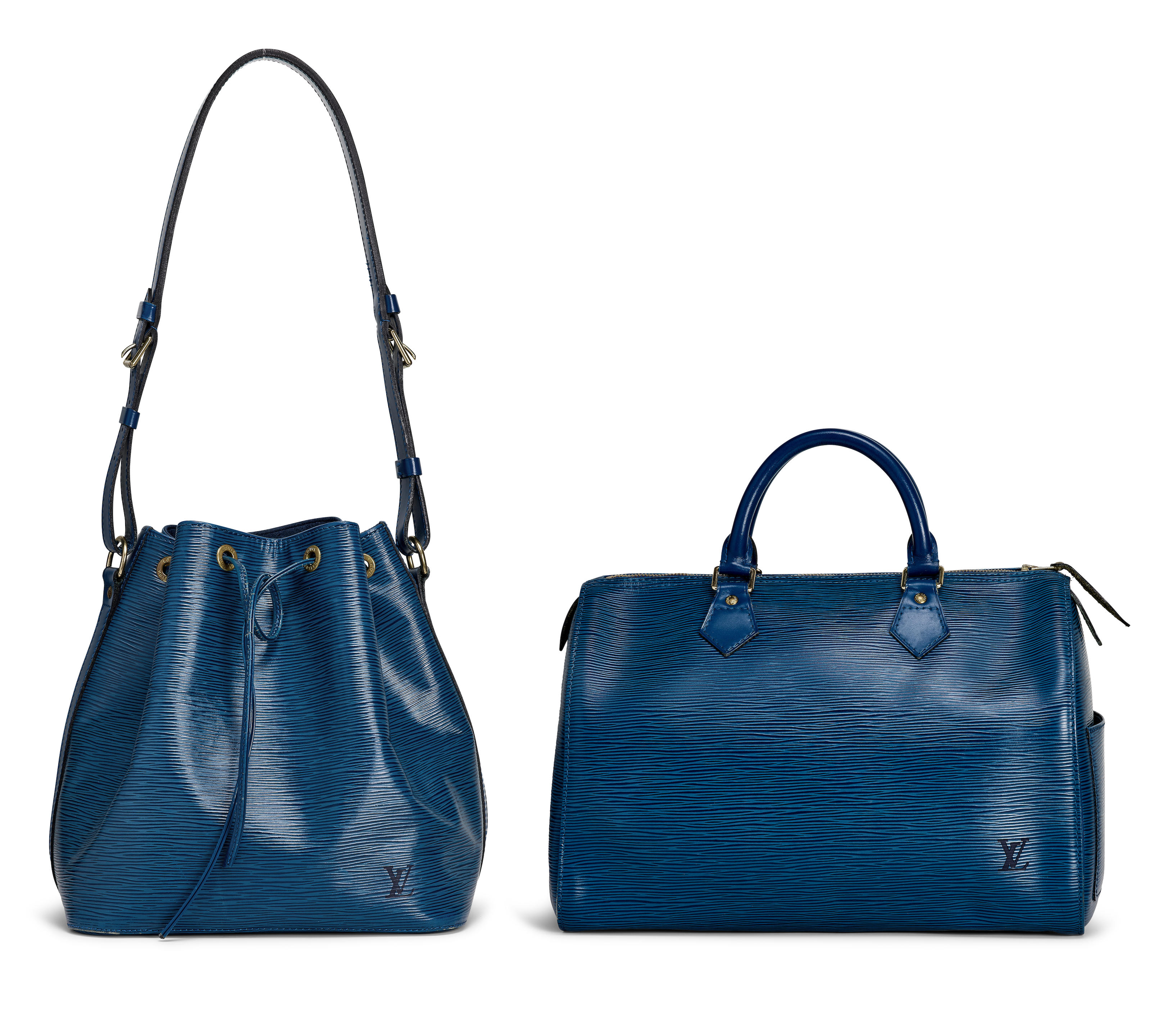 LOUIS VUITTON: A SET OF 2 BLUE EPI SPEEDY BAG WITH GOLD TONED HARDWARE; BLUE EPI PETITE NOE BUCKET SHOULDER BAG