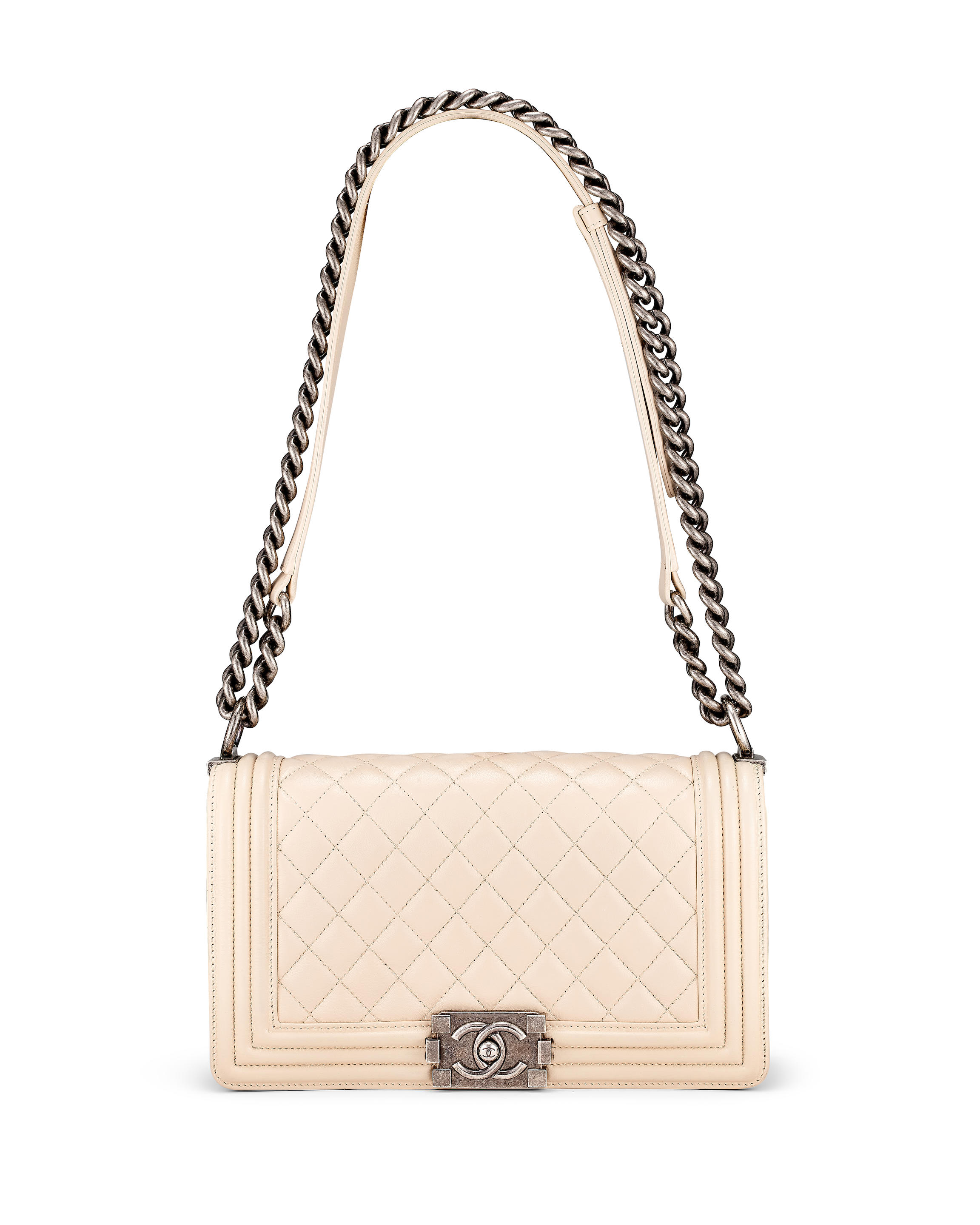 CHANEL: LIGHT BEIGE QUILTED CALFSKIN BOY BAG WITH RUTHENIUM HARDWARE 2012