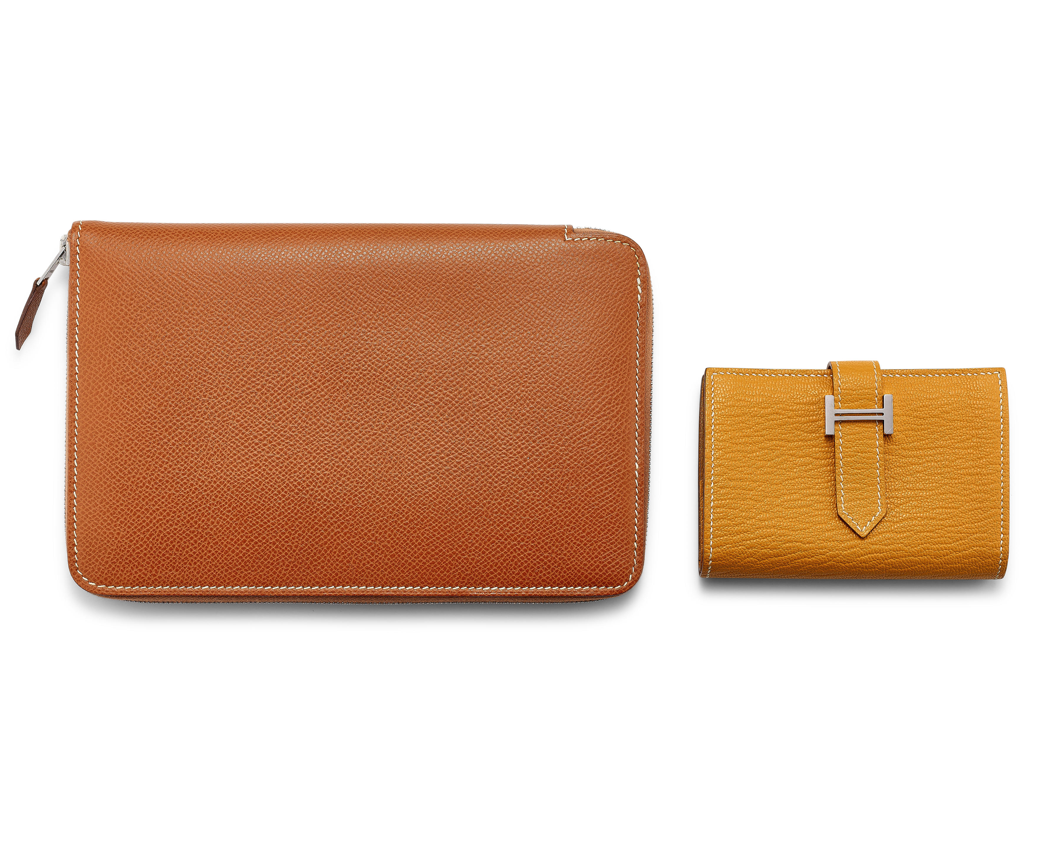 HERMÈS: A SET OF 2 BROWN EPSOM ZIP WALLET; ORANGE MYSORE MINI BEARN CARD HOLDER