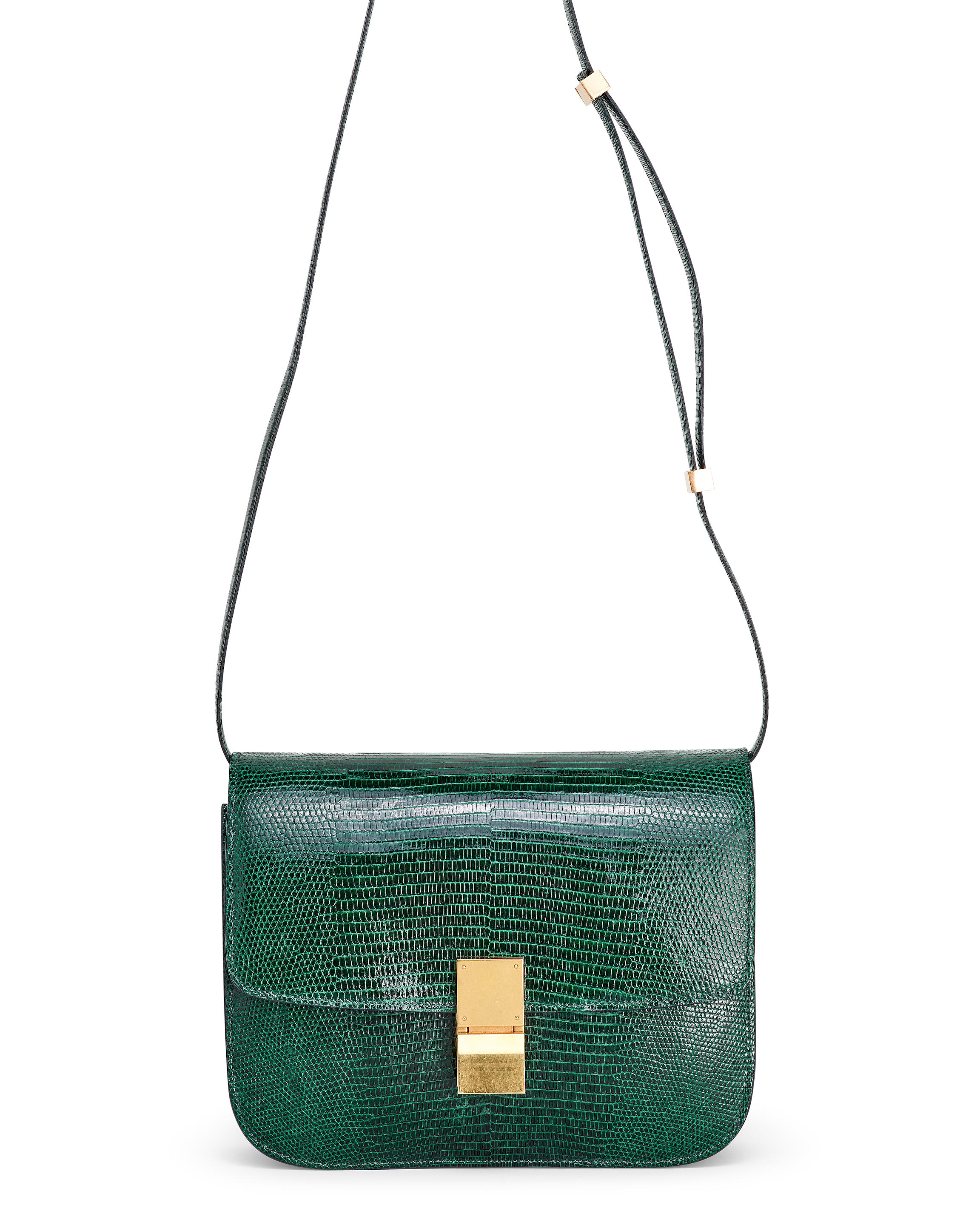 CELINE: DARK GREEN LIZARD CLASSIC BOX FLAP BAG WITH GOLD TONED HARDWARE