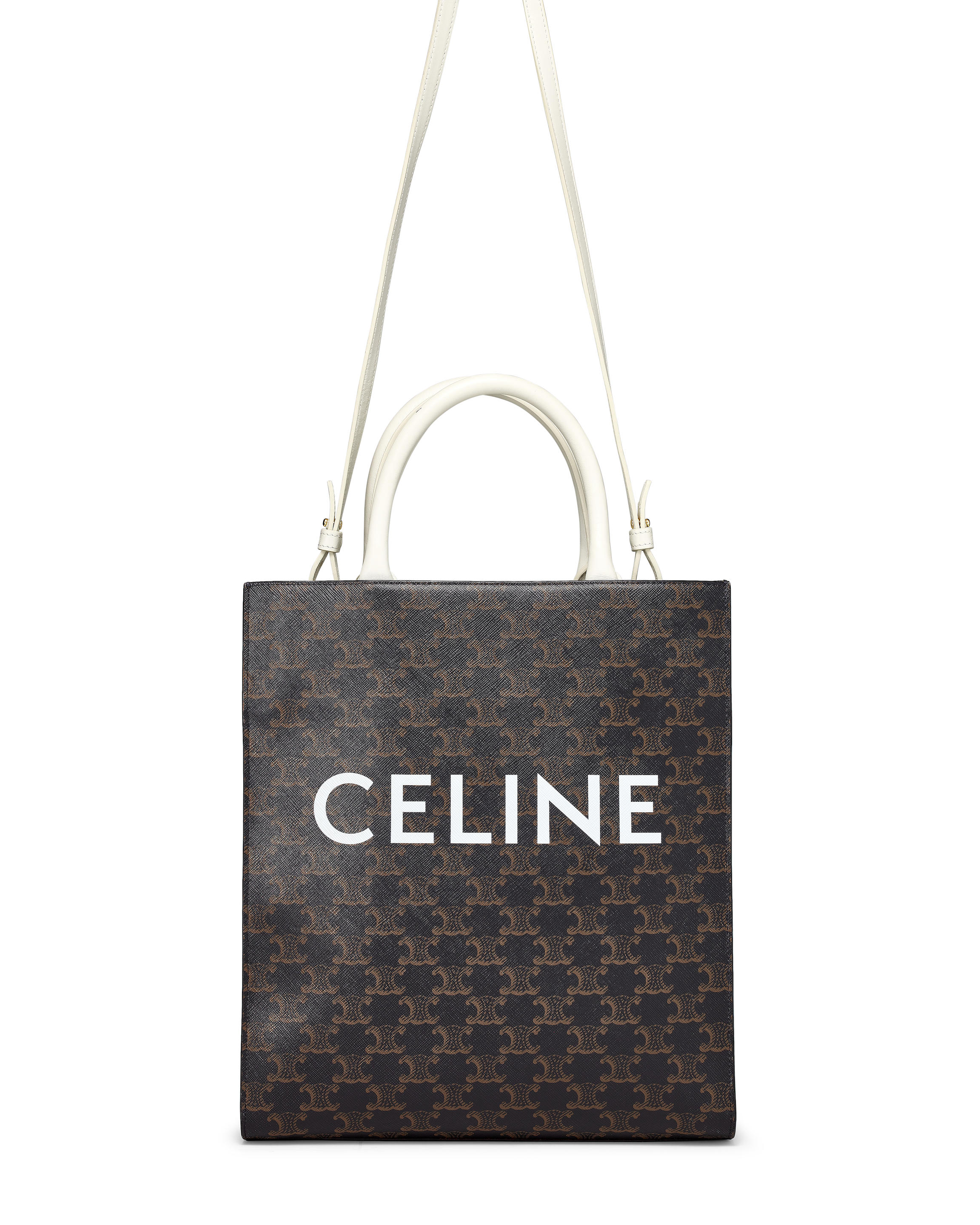 CELINE: BROWN AND WHITE CANVAS MONOGRAM VERTICAL CABAS TOTE BAG