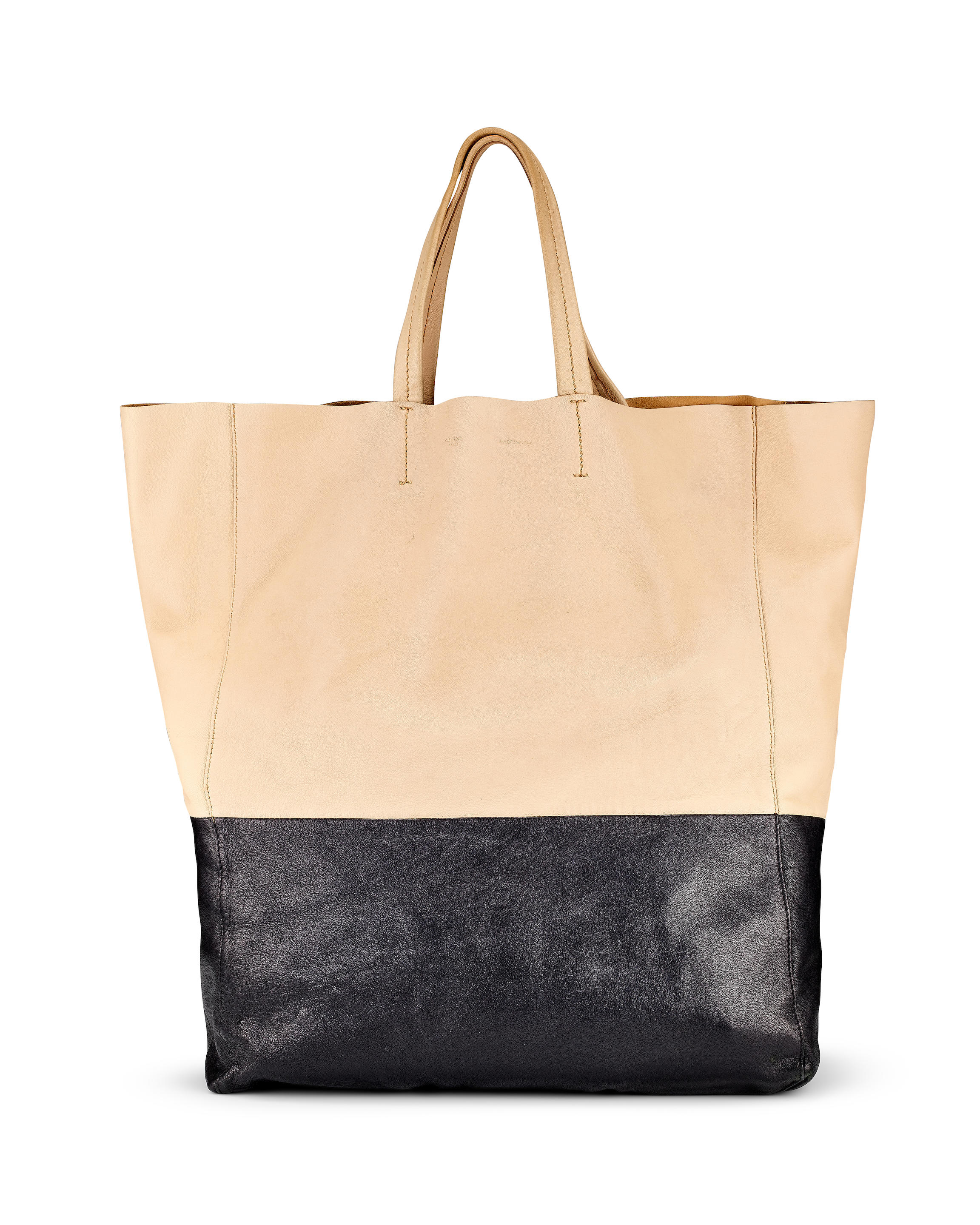 [NO RESERVE] CELINE: BEIGE AND BLACK VERTICAL BI-CABAS TOTE LEATHER