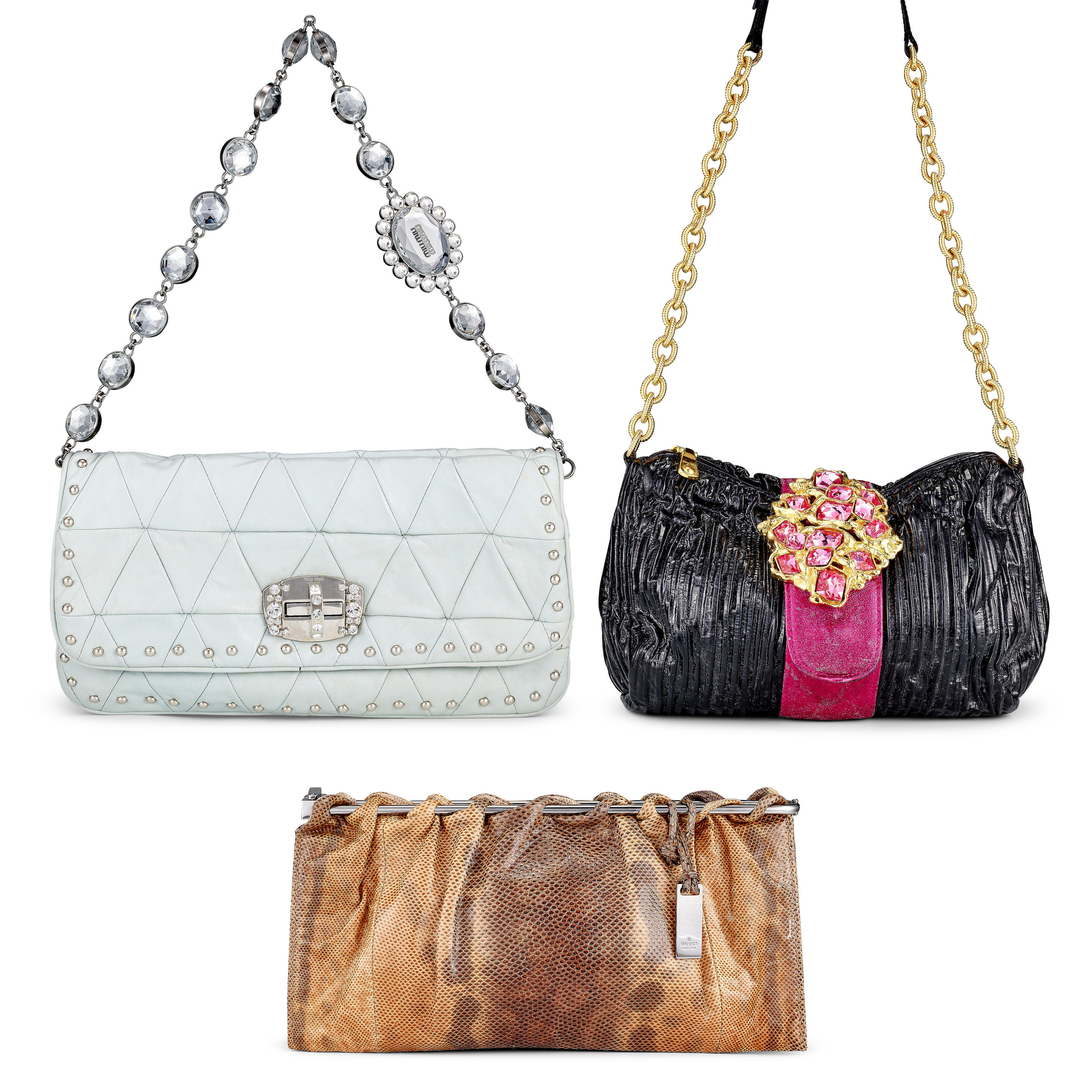 MIU MIU : A SET OF 2 BLACK PATENT GOLD AND PINK STONES CLUTCH/SHOULDER BAG LIGHT BLUE STUDDED AND STONE CLUTCH/SHOULDER BAG; GUCCI: BROWN AND BEIGE PYTHON CLUTCH