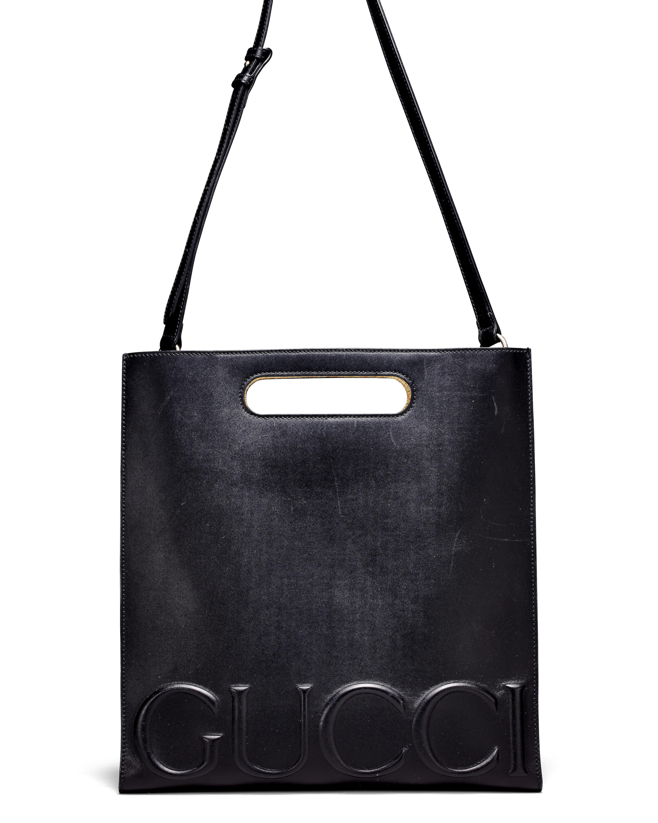 [NO RESERVE] GUCCI: BLACK CALFSKIN EMBOSSED GUCCI XL TOTE BAG WITH STRAP