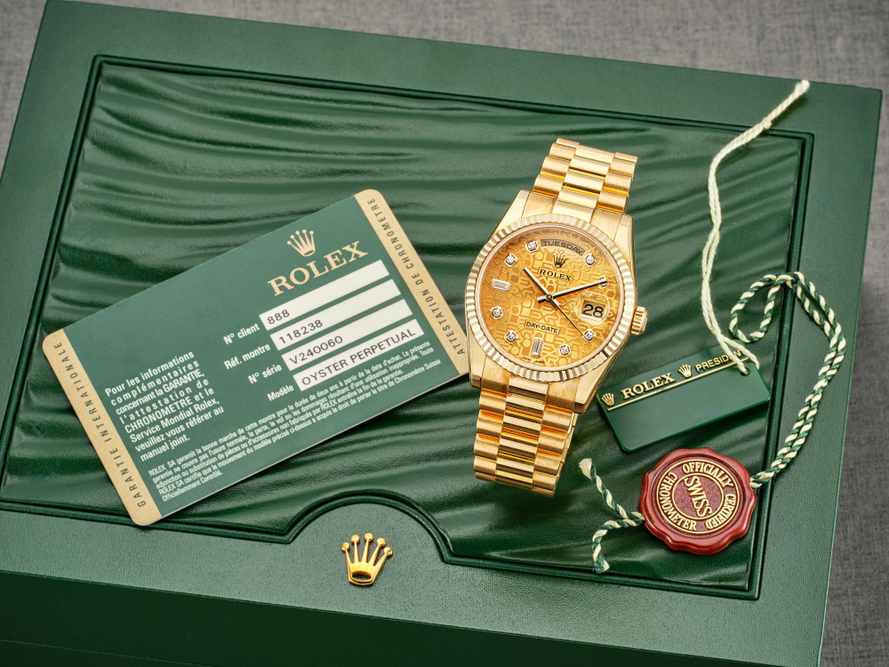 ROLEX | DAY DATE, REF.118238, A YELLOW GOLD BRACELET WATCH WITH JUBILEE DIAL, DIAMOND-SET INDEXES, DAY AND DATE, CIRCA 2009
