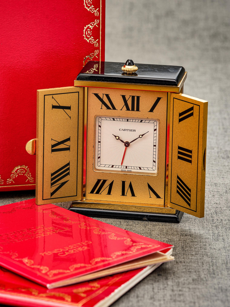 [NO RESERVE] CARTIER | MUST DE CARTIER, A GOLD PLATED DESK TRIPTYCH CLOCK, CIRCA 1990