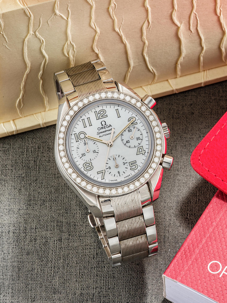 OMEGA | SPEEDMASTER REDUCED, REF.3515.70.00, A STAINLESS STEEL AND DIAMOND-SET CHRONOGRAPH BRACELET WATCH WITH MOTHER-OF-PEARL DIAL, CIRCA 2005