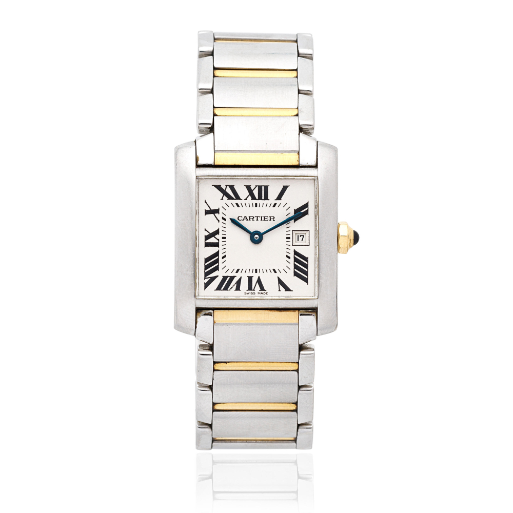 Cartier. A lady's stainless steel and gold quartz calendar bracelet watch