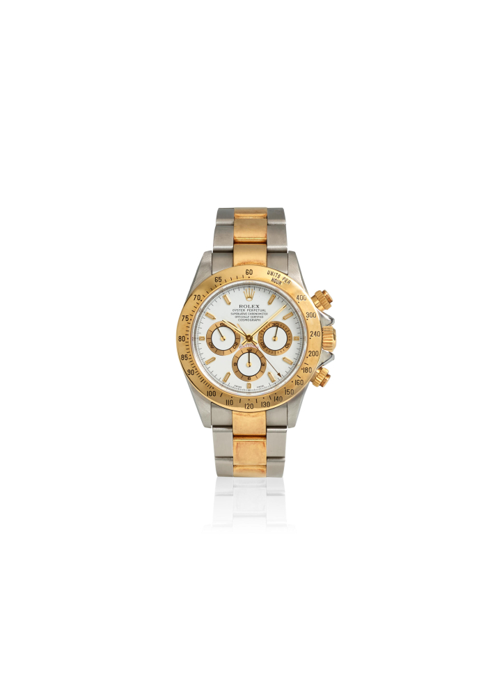 ROLEX. A STAINLESS STEEL AND GOLD AUTOMATIC CHRONOGRAPH BRACELET WATCH WITH ZENITH MOVEMENT