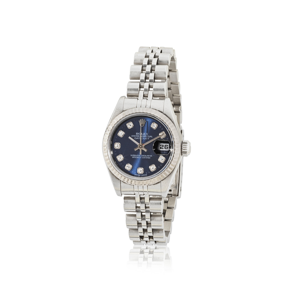 Rolex. A fine lady's stainless steel and 18K white gold automatic calendar bracelet watch with diamond set dial