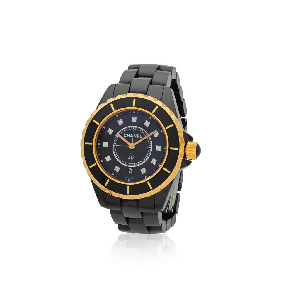 Chanel. A lady's black ceramic and 18K rose gold quartz calendar bracelet watch