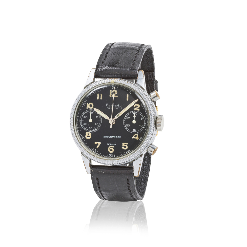Hanhart. A nickel plated manual wind flyback chronograph wristwatch