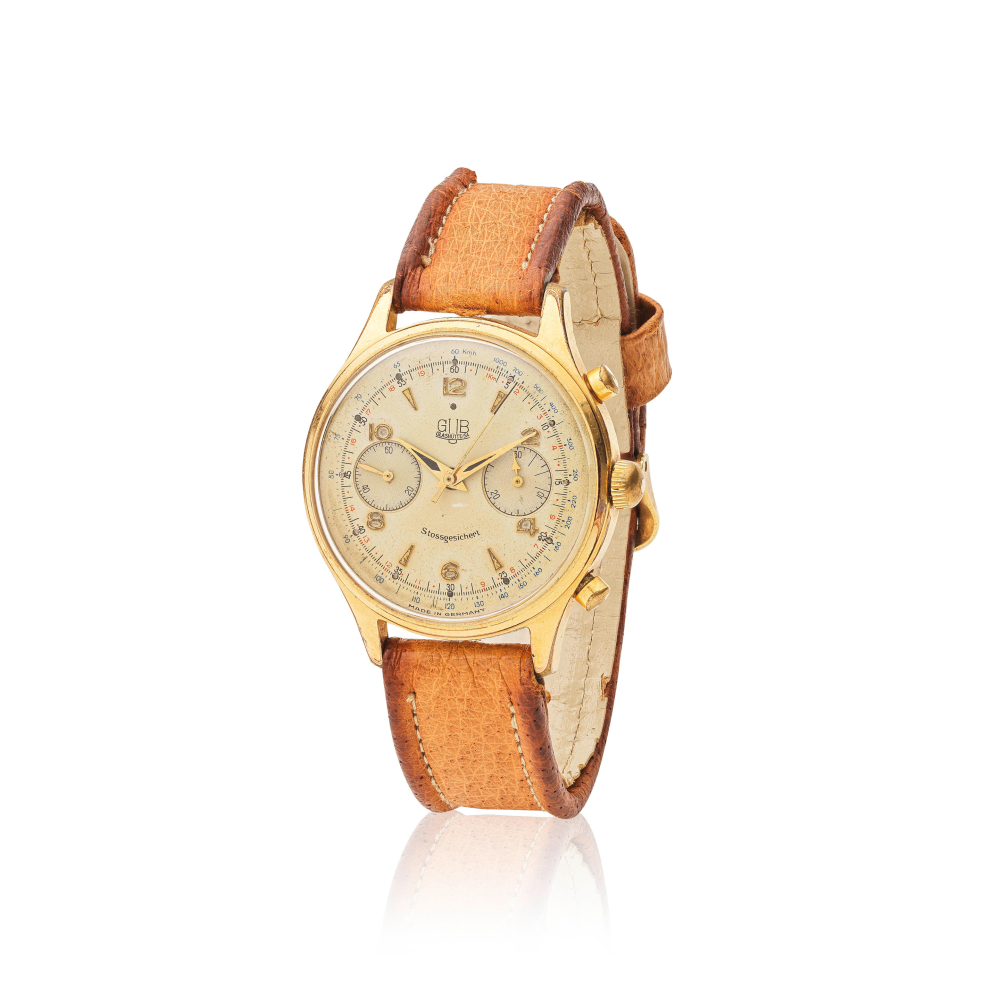 GUB Glashutte. A gold plated stainless steel manual wind chronograph wristwatch
