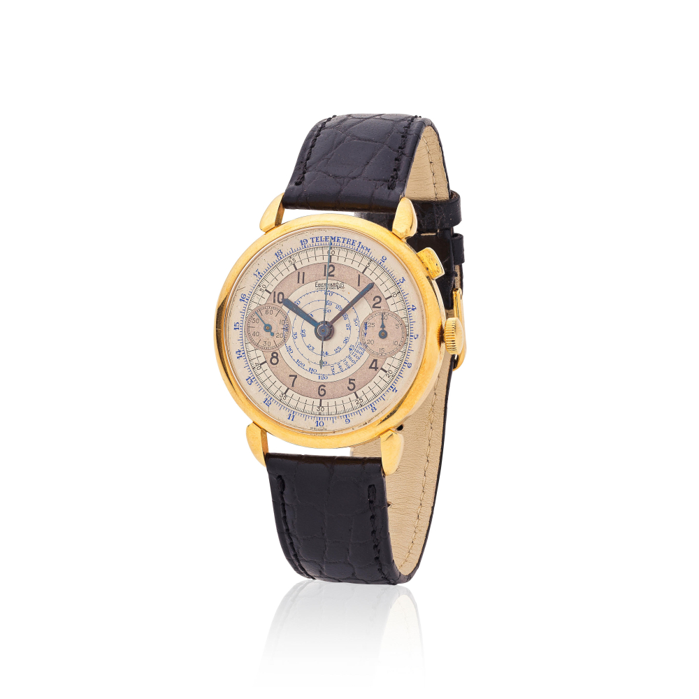 Eberhard Co. An important 18K gold single pusher manual wind chronograph wristwatch