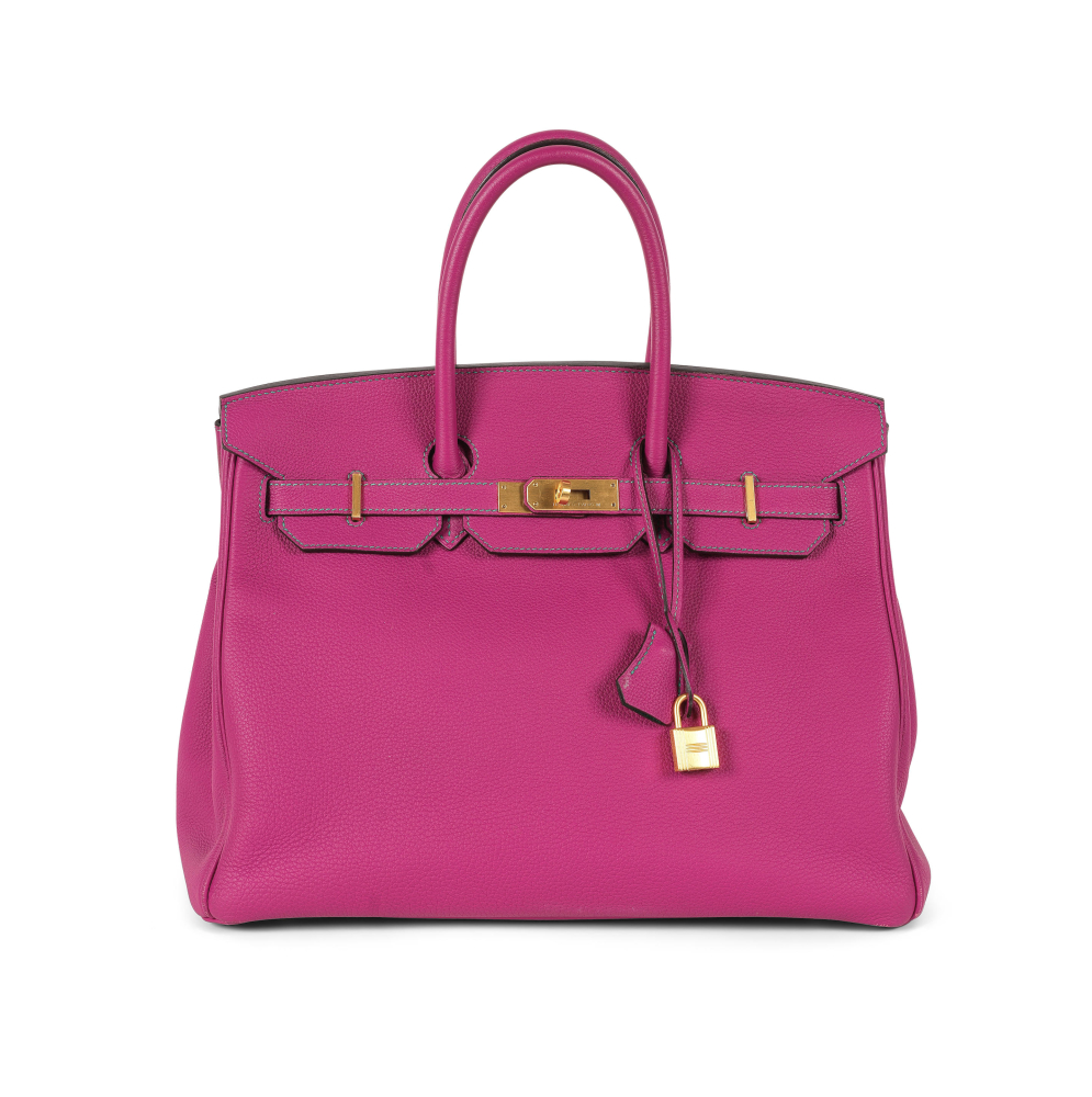 HERMES Paris, Made In France. Sac Birkin en veau Togo rose Pop et vert Bambou.