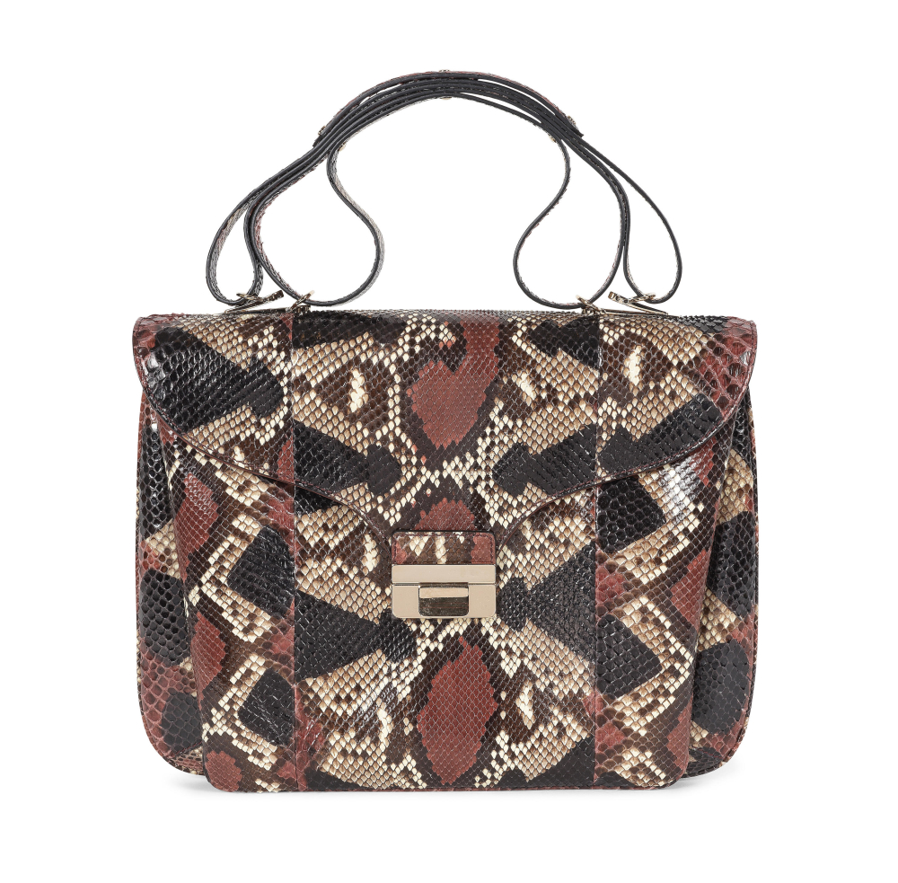 VALENTINO. Sac à trois soufflets en python partiellement lustré bordeaux.