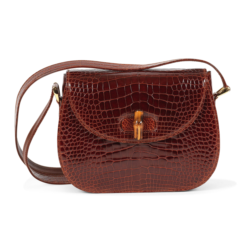 GUCCI. Sac Bamboo d'épaule en crocodile cognac.