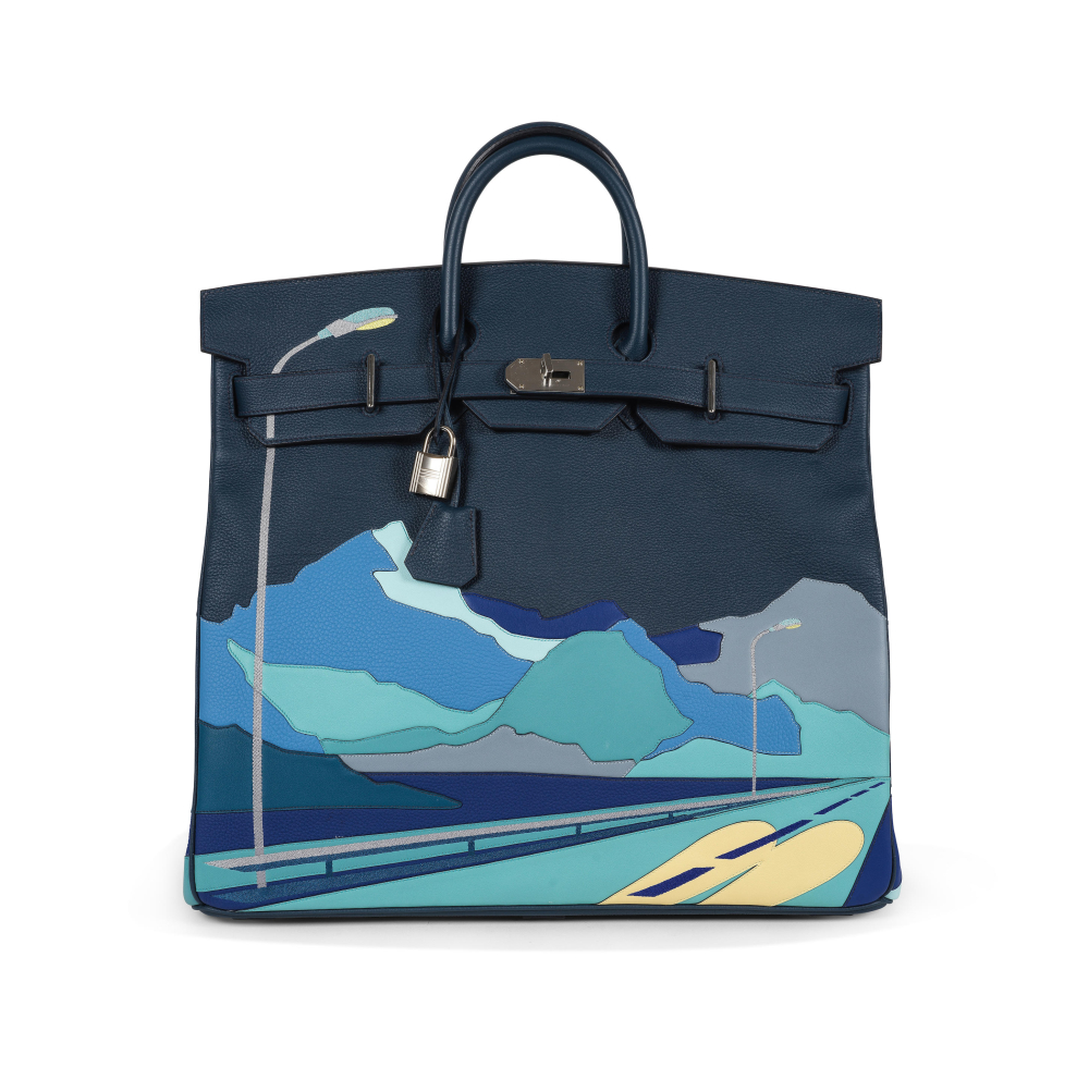 HERMES. Sac Haut à courroies Endeless road en cuir Togo Bleu de Prusse.