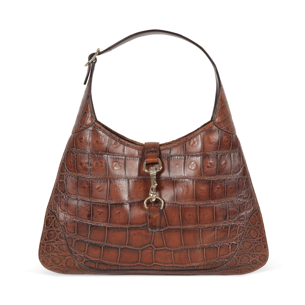 GUCCI. Rare sac Jackie en Alligator chocolat.