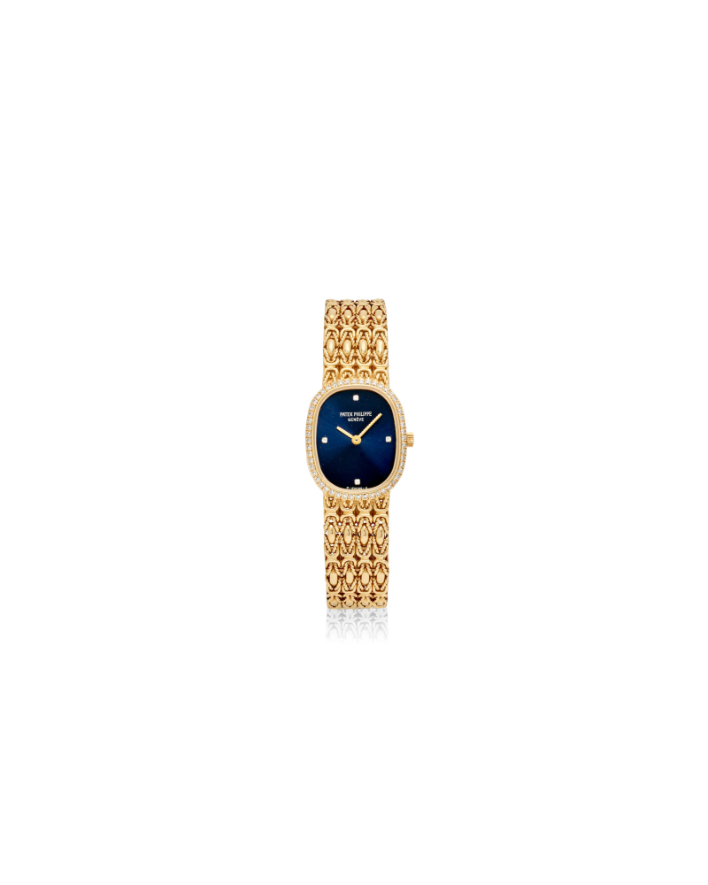 PATEK PHILIPPE. AN 18K GOLD AND DIAMOND SET QUARTZ BRACELET WATCH